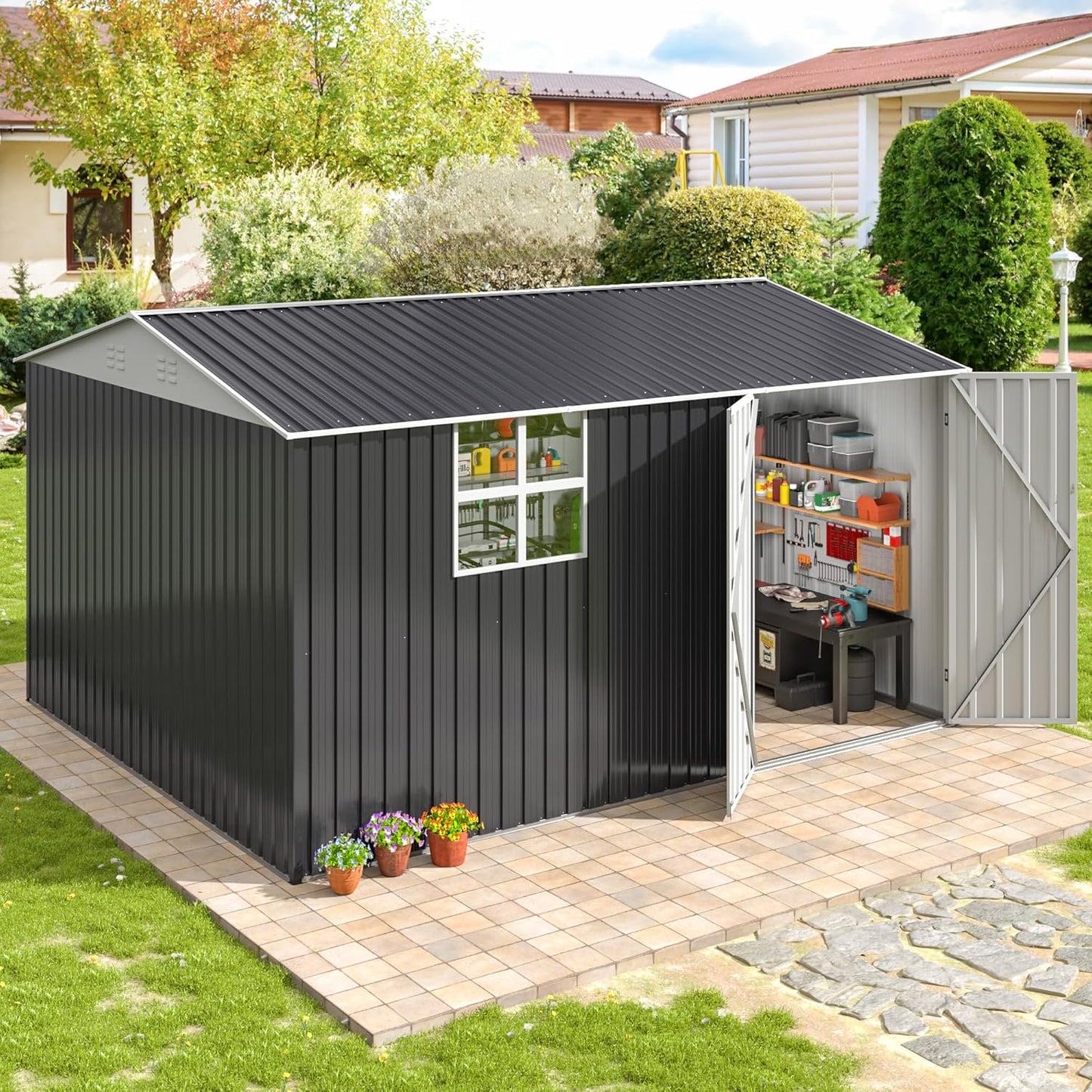 VIWAT 10X12 FT Outdoor Storage Shed, Metal Garden Shed with Updated Lockable Doors and Frame Structure, Large Tool Sheds for Backyard Garden Patio Lawn,Black