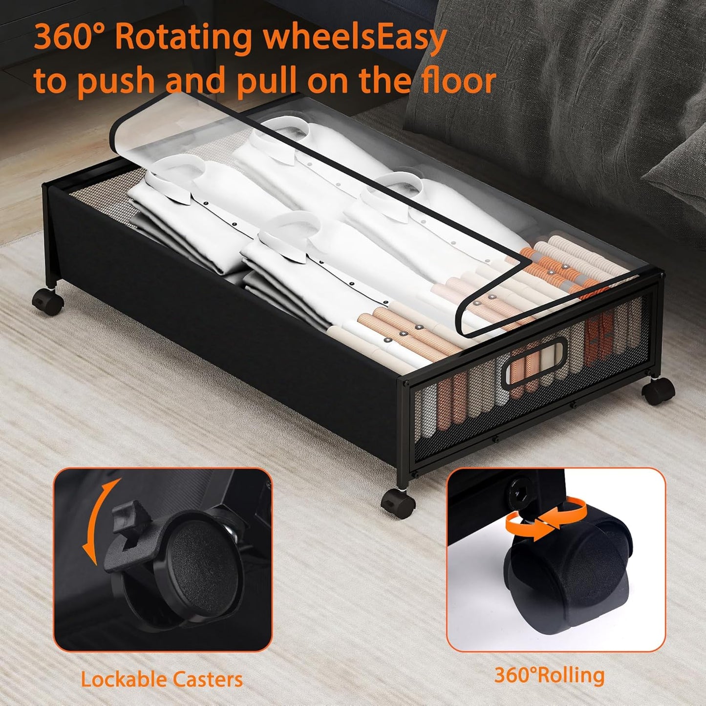 QUELIEN Under Bed Storage with Wheels – Large Rolling Underbed Storage Containers and Drawers, Shoe Organizer Box for Clothes, Toys, Blankets (Black, 1 Pack)