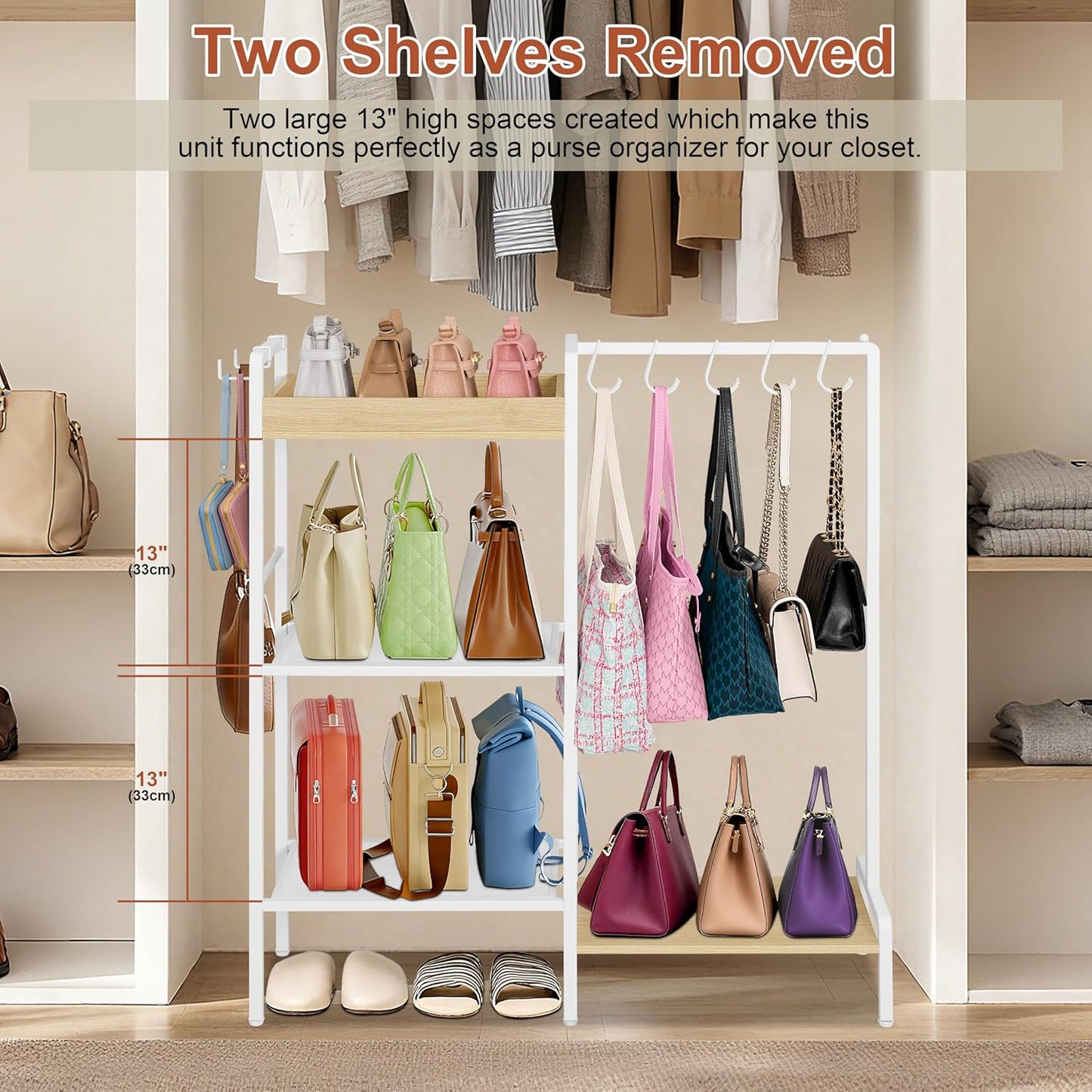 2-in-1 Shoe Rack for Closet with Purse Organizer, 5 Tier Shoes Shelf with Wooden Tray and Removable Shelves, Storage Organizer for Entryway, Garage, Hold Boots, Backpacks, White