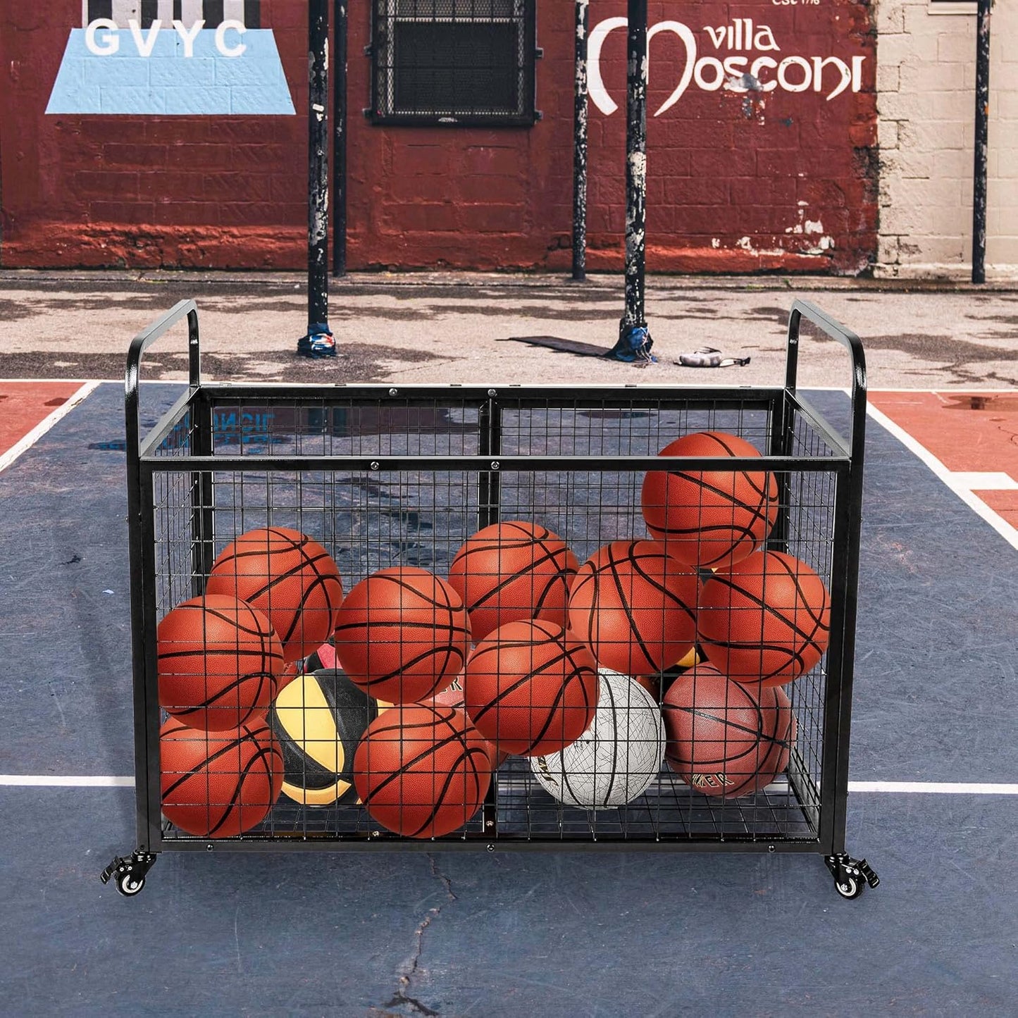 heodmaem Ball Cart Storage for Garage Compatible with Optional Divider, Extra Large Basketball Cage Bin for Indoor Outdoor, Heavy Duty Sports Equipment Organizer for Gym, School,Club