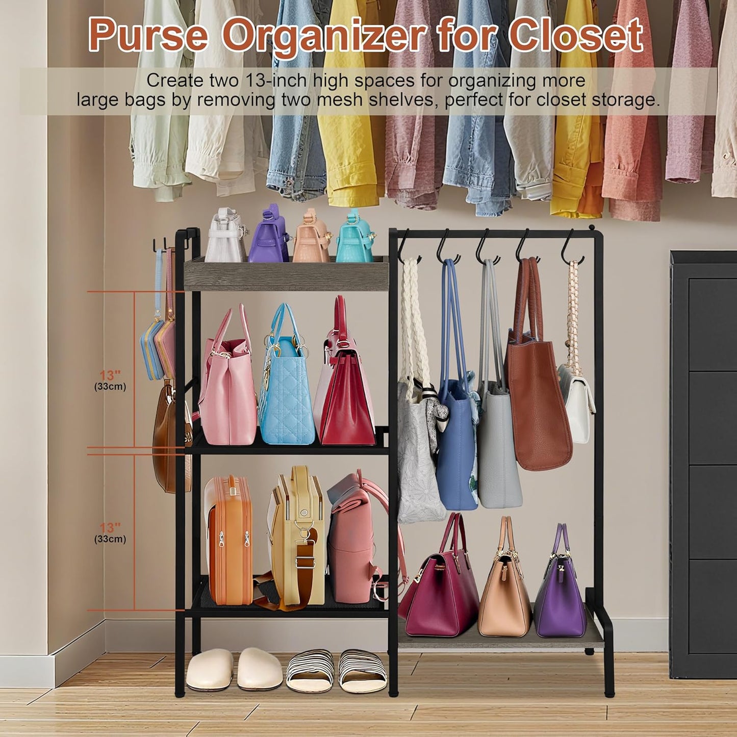 2-in-1 Shoe and Bag Organizer, 5 Tier Shoe Rack with Wooden Tray & 7 Hooks, Industrial Metal Shoe Shelf with Removable Shelves for Boot Storage, Perfect for Entryway, Closet, Garage, Black