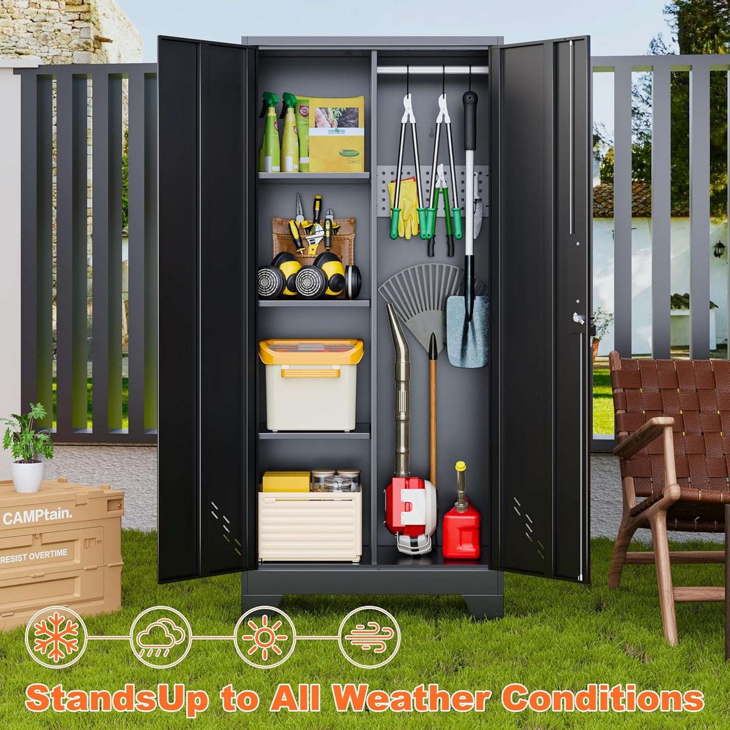 Storage Cabinet 61" H, Metal Tools Storage Cabinet with Lockable Doors and Shelves, Outdoor Storage Sheds with Removable Pegboard for Garage, Utility Room, Office