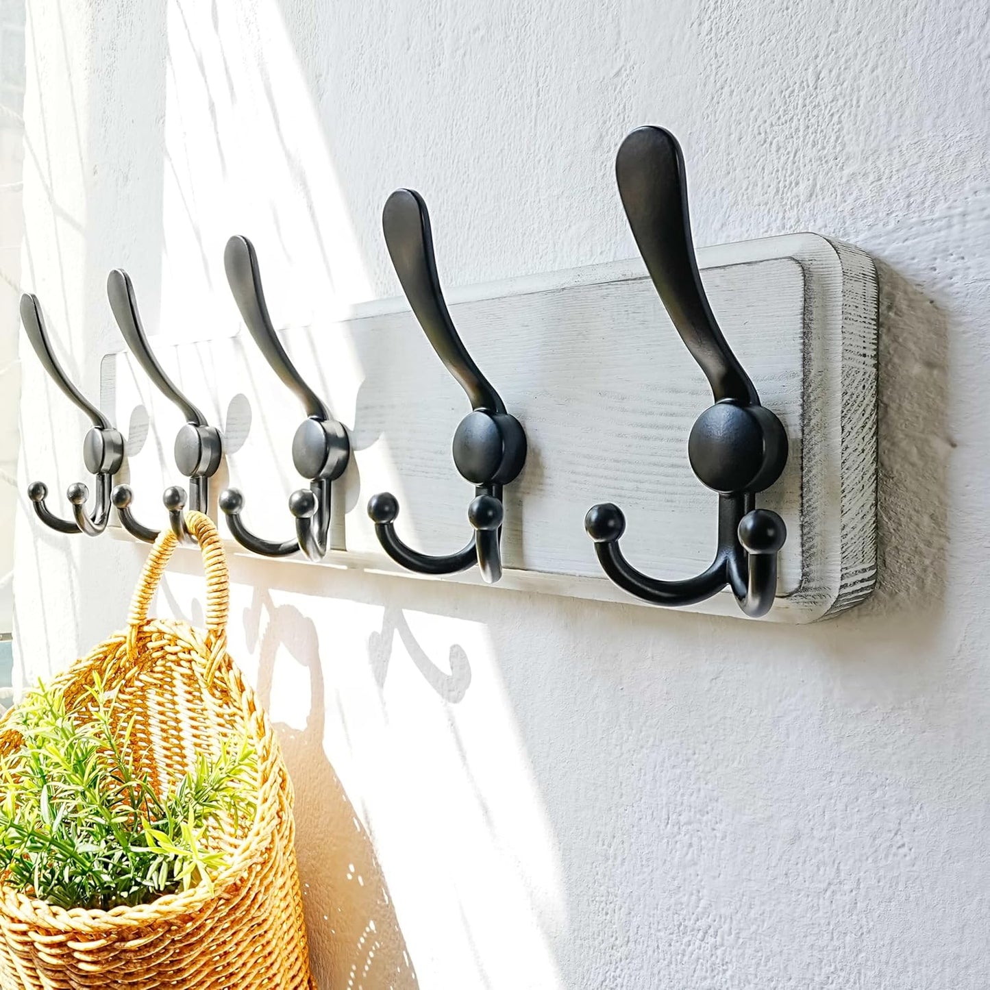 Dseap Coat Rack Wall Mounted - 5 Tri Hooks, Heavy Duty, Wooden Wall Coat Hanger Coat Hook for Clothes Hat Jacket Clothing, White & Black