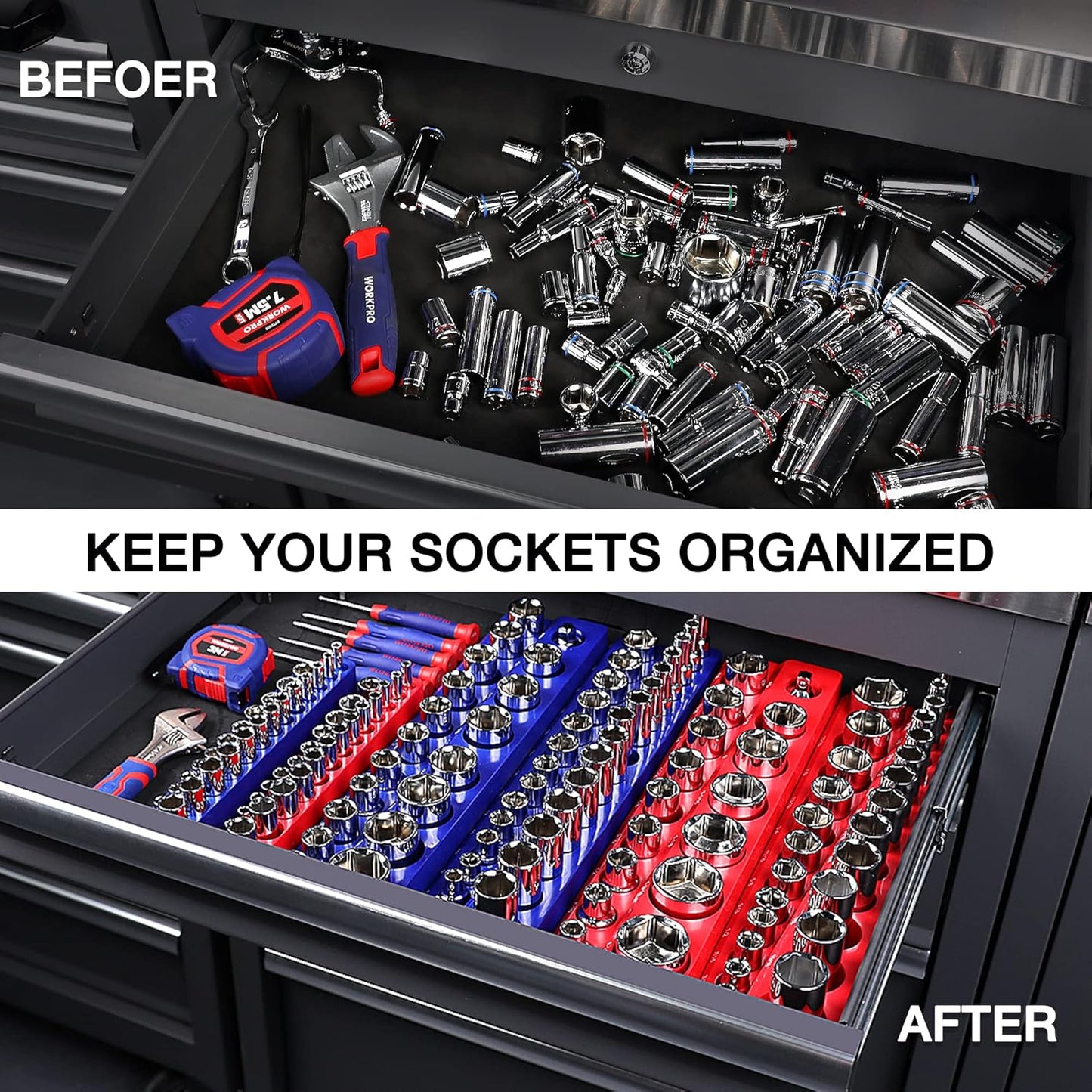 WORKPRO Magnetic Socket Organizer, 3/8-Inch SAE Socket Holder, Socket Trays Holds 26 Pieces Standard Size and Deep Size Sockets(Sockets not Included)