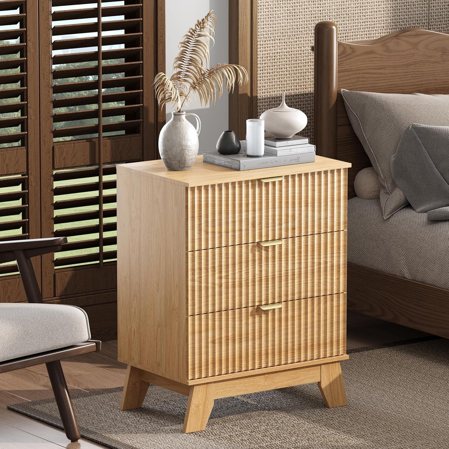 Night Stand Set 2, Bedside Table & End Table, Mid Century Modern Fluted Wood Nightstand with 3 Drawers & Metal Handles, Farmhouse Nightstand for Bedroom, Natural Oak