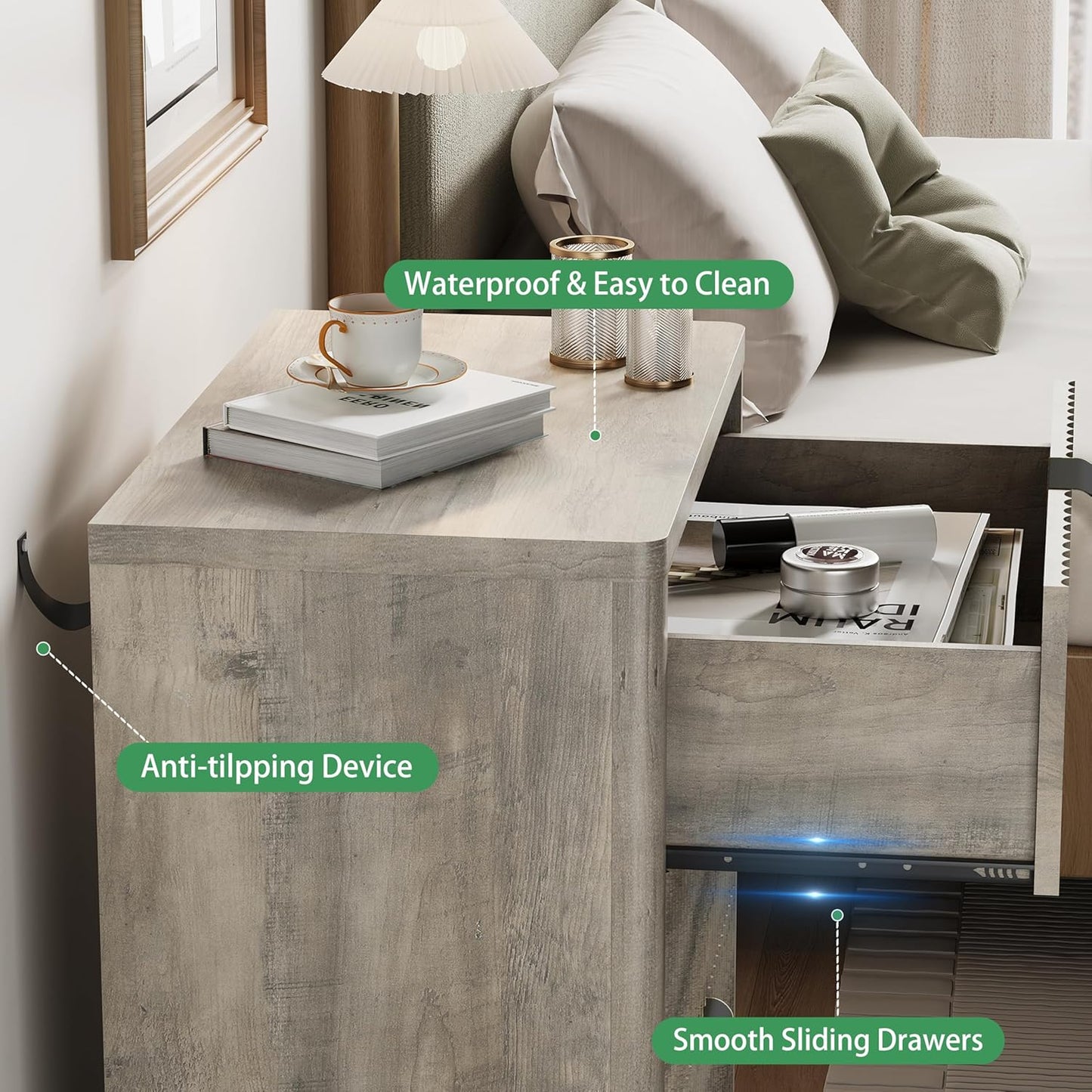 Fluted Nightstand with 3 Storage Drawers, 24" Wide Wood Bedside Table with Mental Handle, Mid Century Modern Wooden Side Table Night Stand, Curved End Table for Bedroom, Living Room, Grey