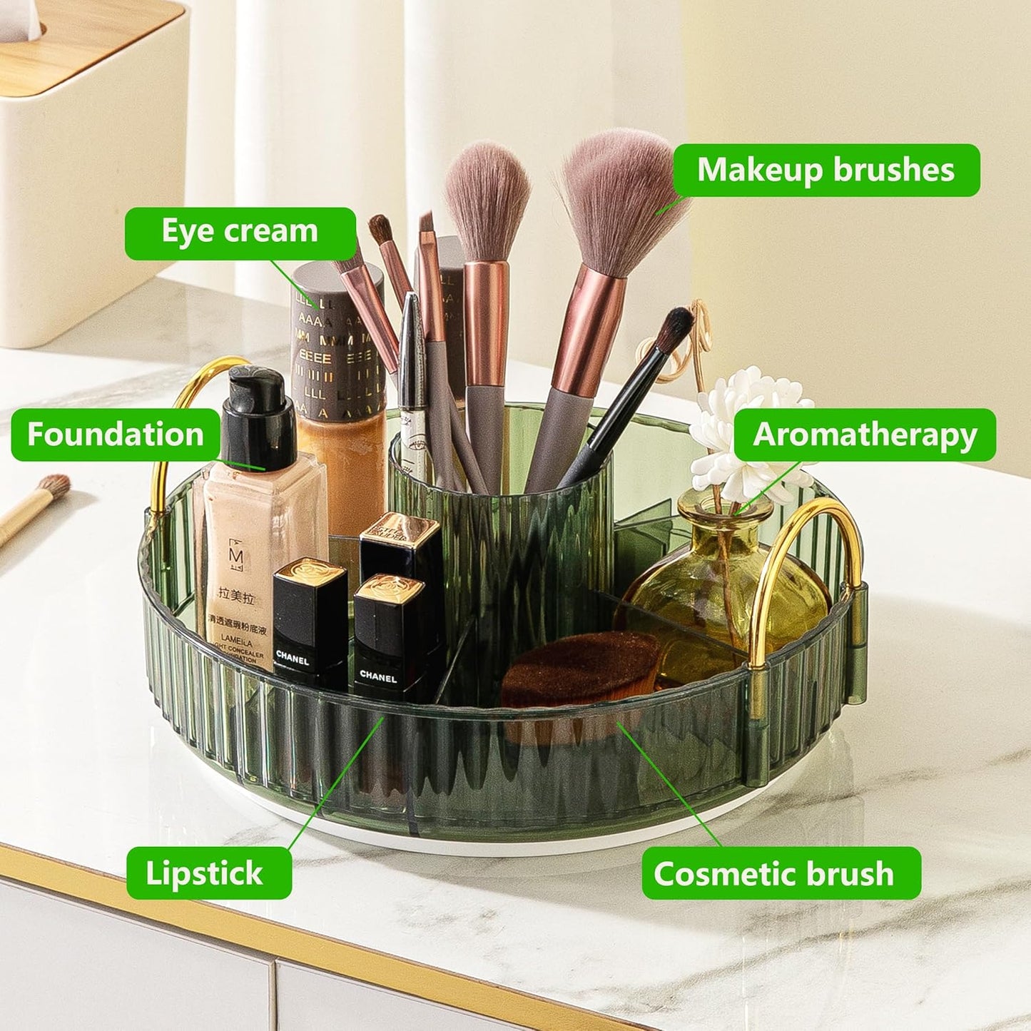 YCIA&DONE Rotating Makeup Organizer for Vanity, Large Capacity Make Up Storage Skin care Shelf Perfume Holders Cosmetic Dresser Organizer Countertop Spinning 360 (Vintage Green, 1Tier)