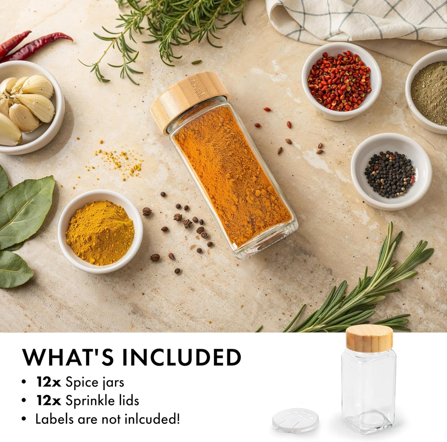 Glass Spice Jars and Bamboo Lids (12 x 4oz) Spice Containers with Shaker Inserts - Add-On Pack Without Labels or Accessories