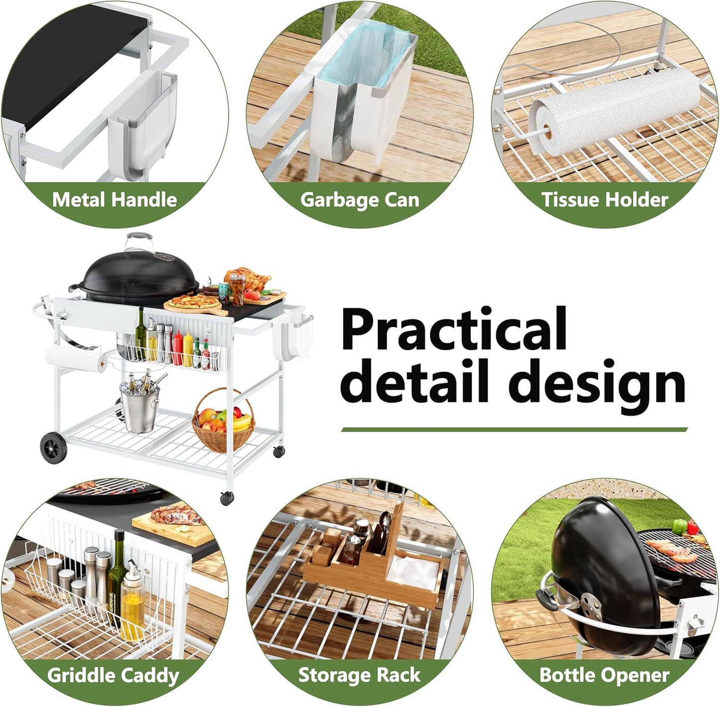 Shintenchi Grill Table for Weber 22" & 18" Original Kettle, Outdor Grill Cart with Wheels, Movable Outdoor Prep Table Cooking Station for JumboJoe and Master-Touch Charcoal Grill
