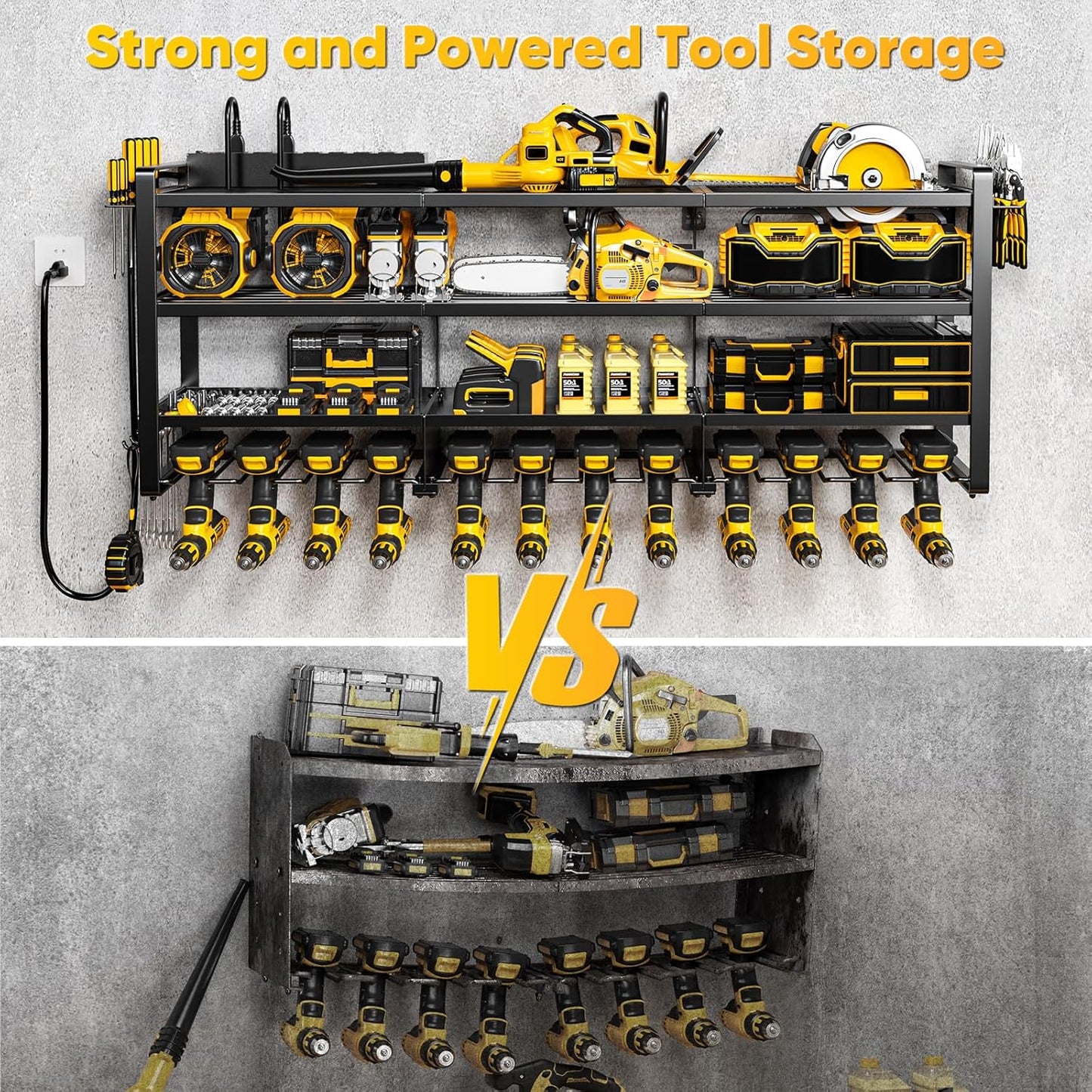 49.5" W Large Power Tool Organizer Wall Mount with Charging Station, 4 Tier Heavy Duty 12 Cordless Drills Holder Load 800 lb, Tool Battery Storage Rack Built in 8 Outlet Power Strip for Garage