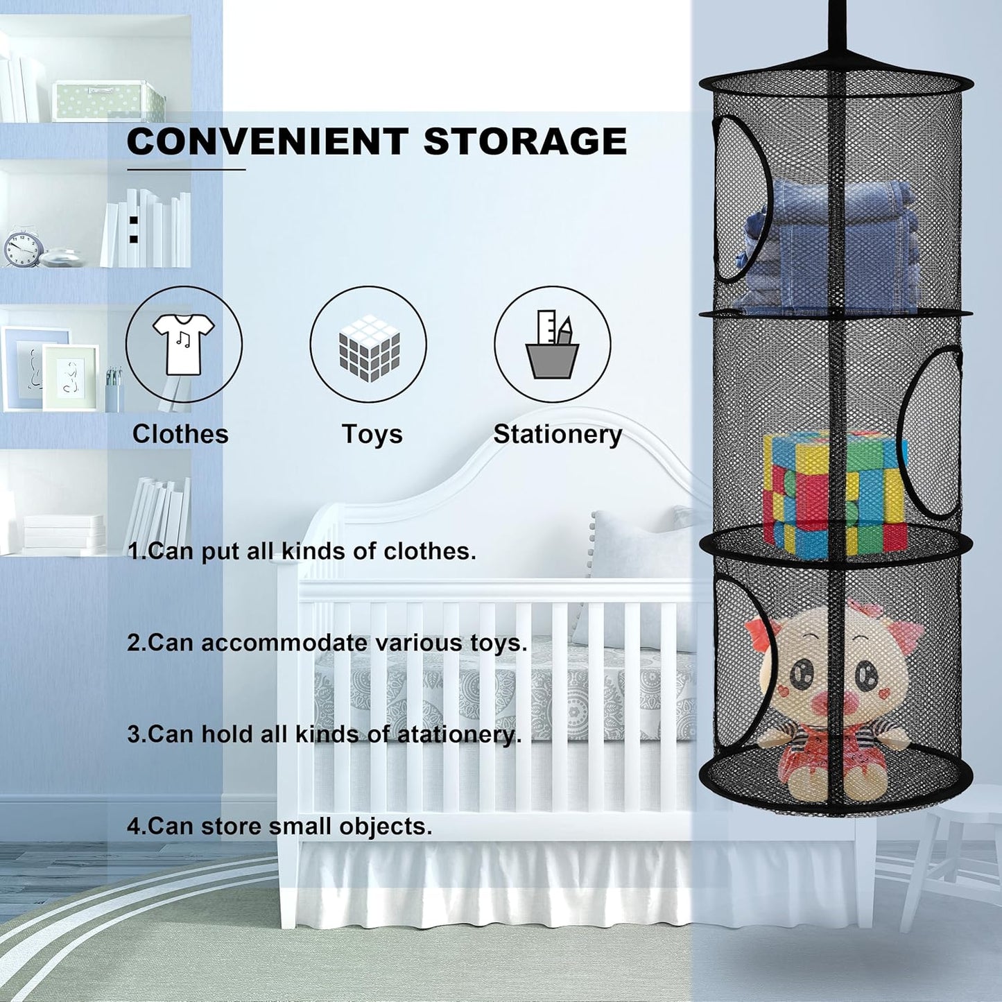 Libeder Mesh Hanging Storage Space Saver Bags Organizer,Foldable Storage Organizer 3 Compartments Toy Storage Basket for Kids Room Bathroom 2 Sets, Black
