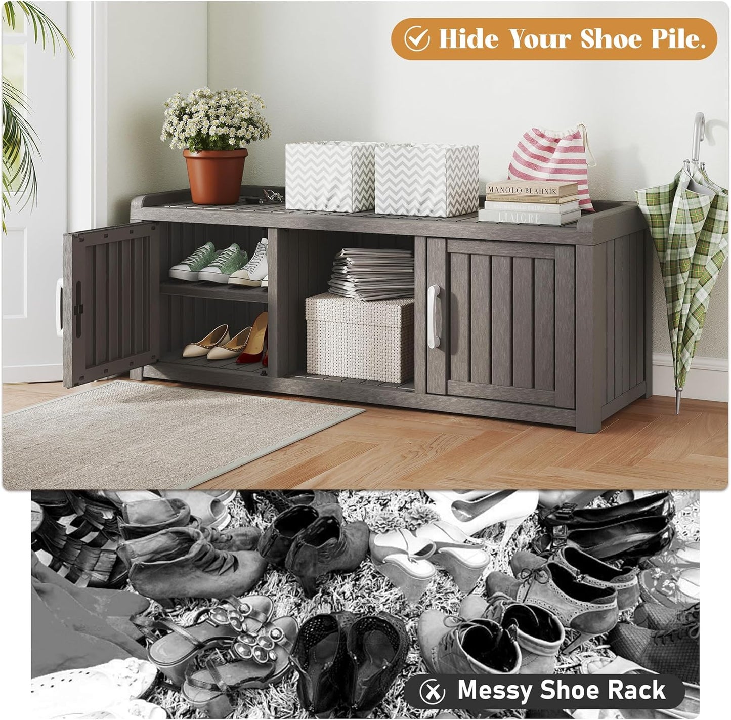 KAMABOKO Shoe Storage Cabinet Waterproof UV-Resistant, Entryway Storage Bench Indoor Outdoor with 2 Doors, Adjustable Shelves for Entryway, Bedroom, Hallway,Living Room(Grey)