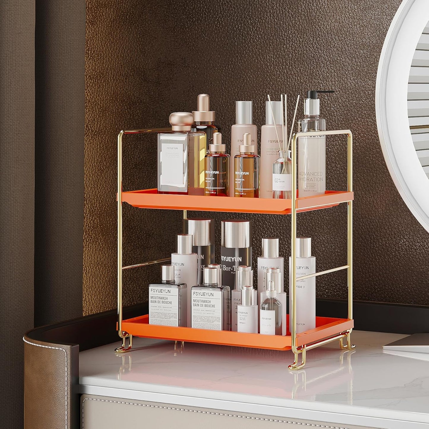 FSyueyun 2-Tier Bathroom Countertop Organizer,Bathroom Organizers and Storage with Tool-Less Installation, Premium Plastics for Makeup, Perfume, Skincare on Dresser Vanity Tray(Gold & Orange)