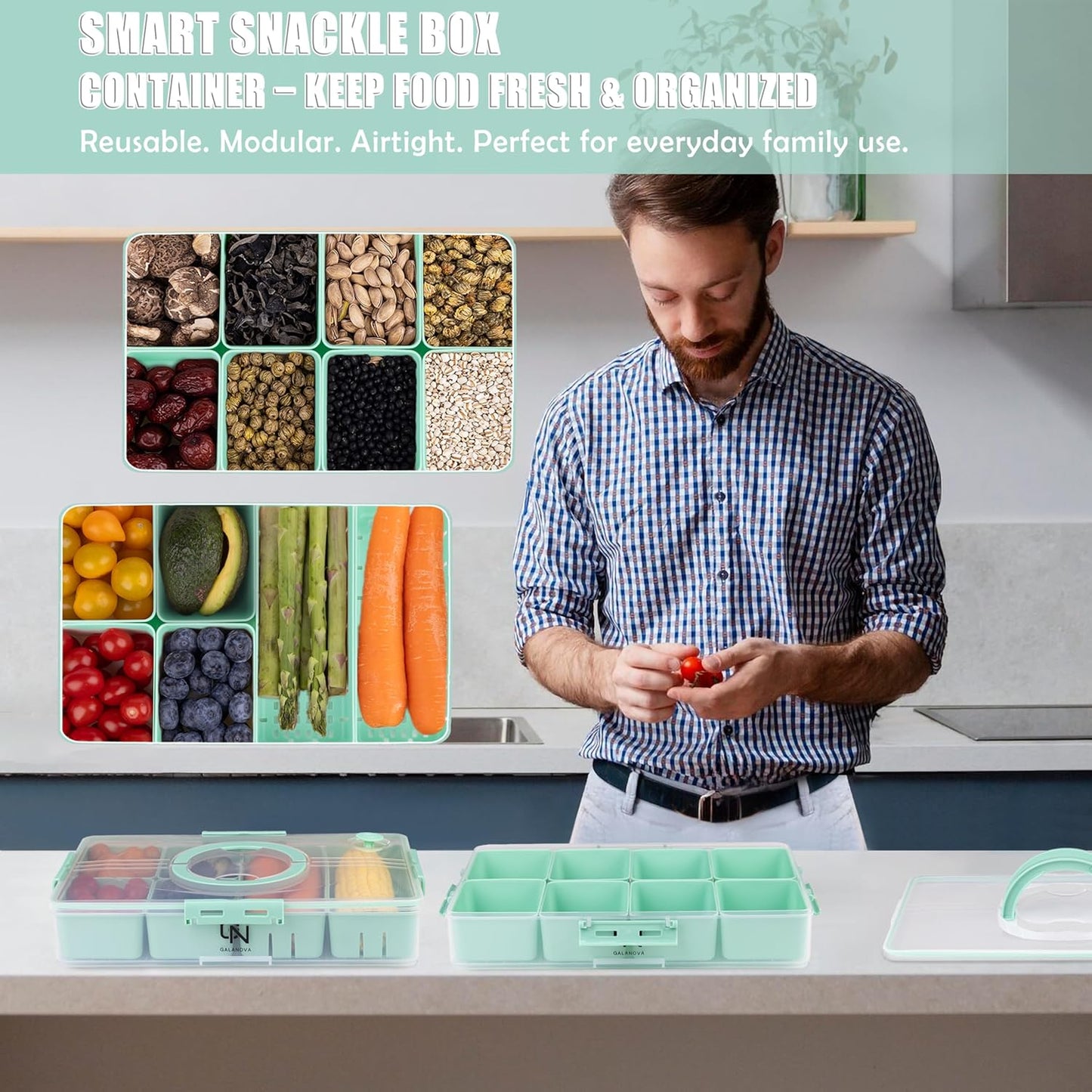 Stackable Snackle Box Container with 2 Lids, 14 Compartments - BPA-Free Snackle box Organizer, Dishwasher & Microwave Safe Reusable Snacklebox for Veggies, Fruits, Charcuterie, Snacks (Green, 2 Pack)