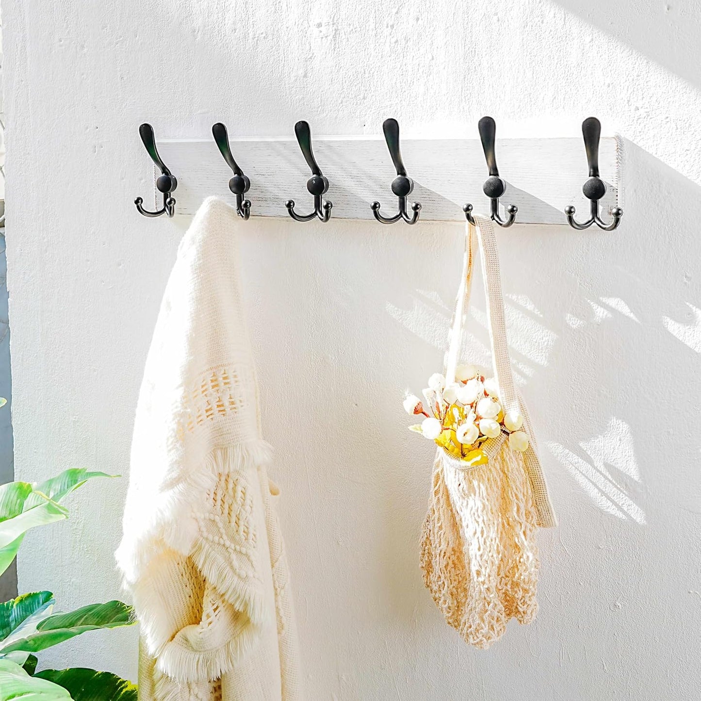 Dseap Coat Rack Wall Mounted - 24" Long 6 Tri Hooks, Heavy Duty Wooden Wall Coat Hanger Coat Hook for Clothes Hat Jacket Clothing, White and Black