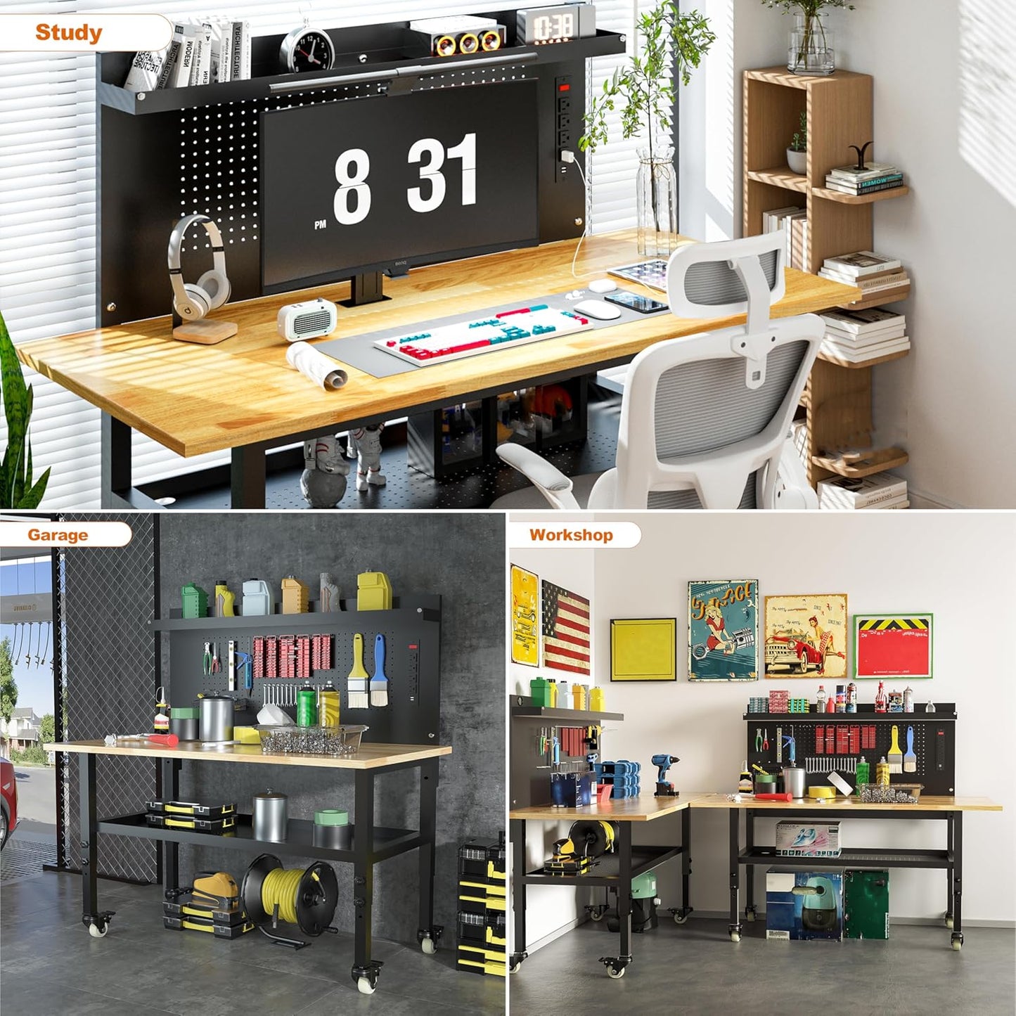 60" Heavy Duty Adjustable Workbench with Large Pegboard& Partition, Adjustable Work Table with Power Outlets & Lockable Wheels, Rubber Wood Workstation for Garage, Workshop, Office, Home, Commercial