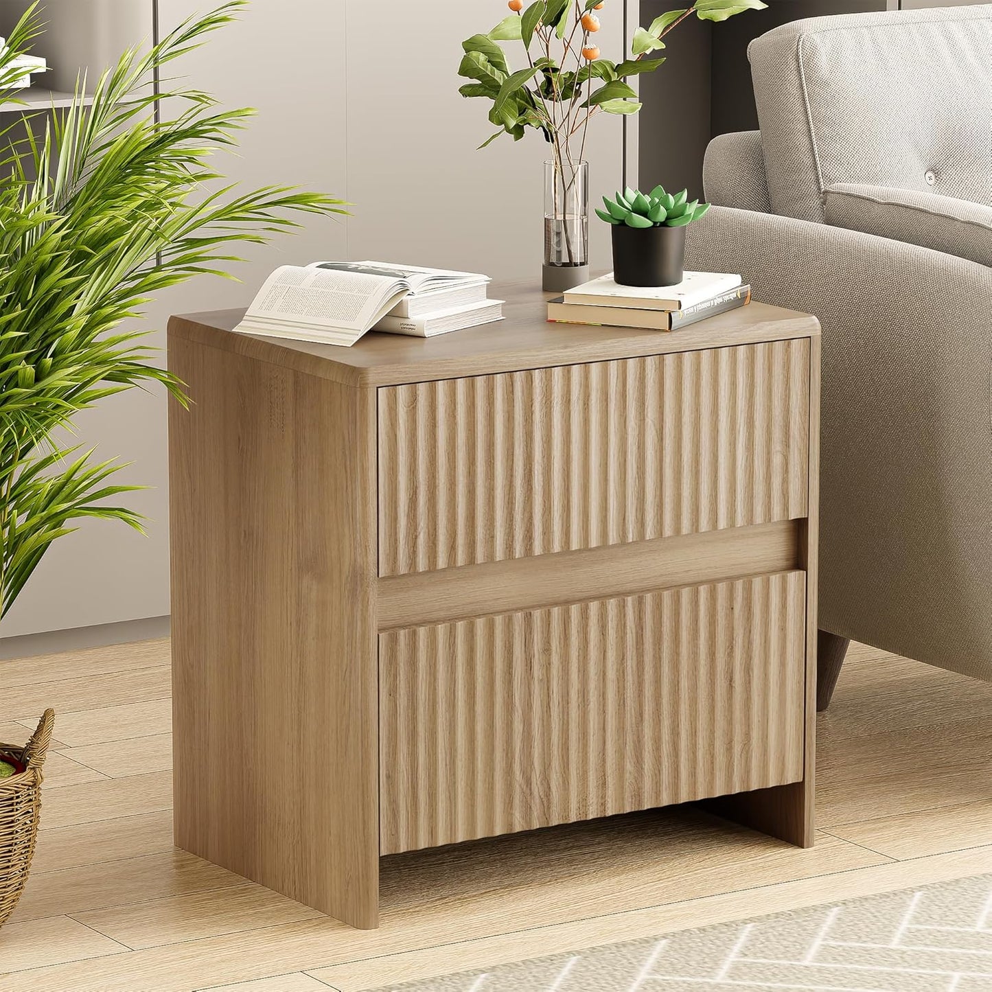 Fluted Nightstand, 23" Wood Bedside Table with 2 Storage Drawers, Oak Modern Night Stand for Bedroom, Office, Oak
