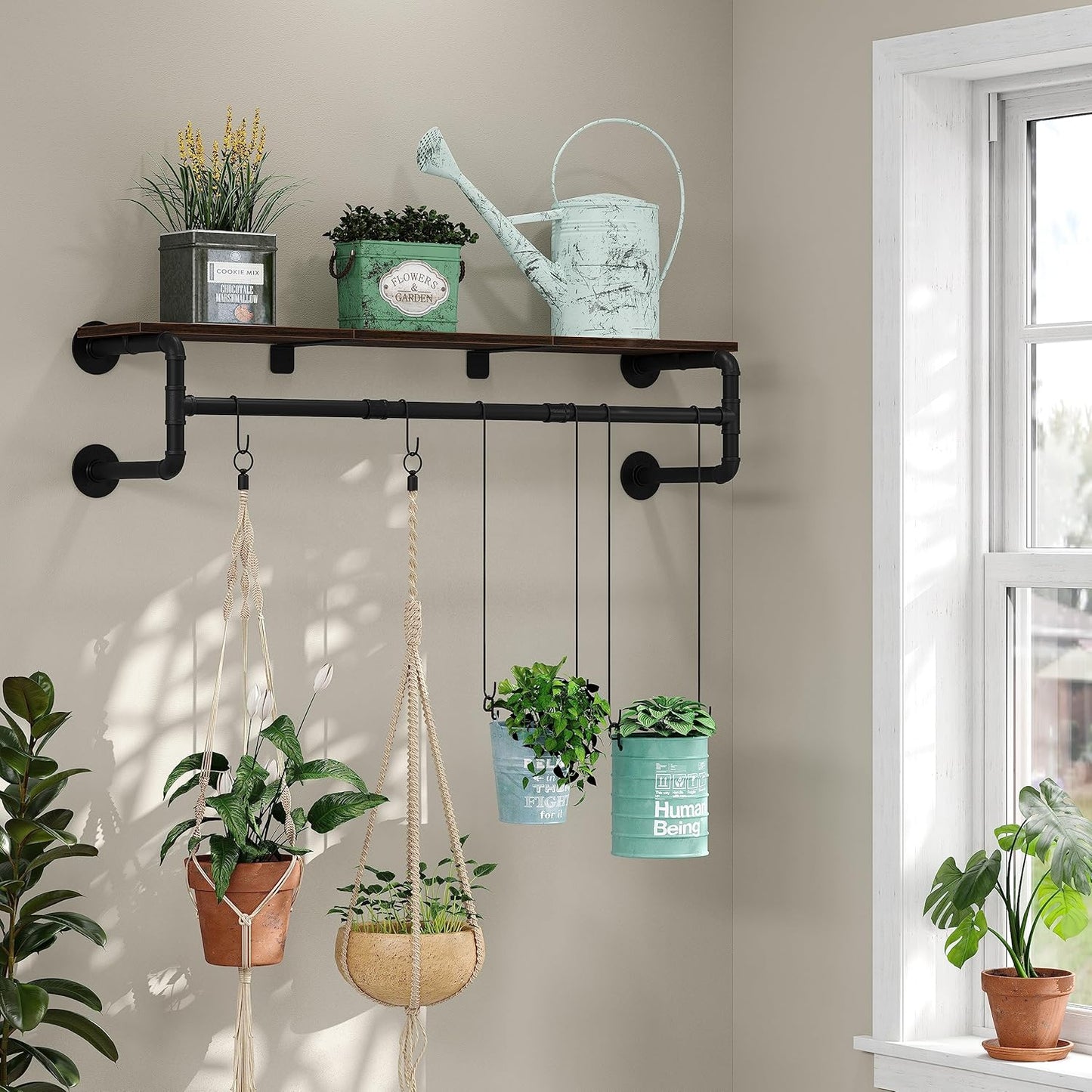 Industrial Pipe Clothes Rack with Top Shelf and 3 Hooks, 41''L Wall Mounted Garment Rack, Heavy Duty Iron Garment Bar, Clothes Hanging Rod Bar, 4 Base Max Load 135Lb Black