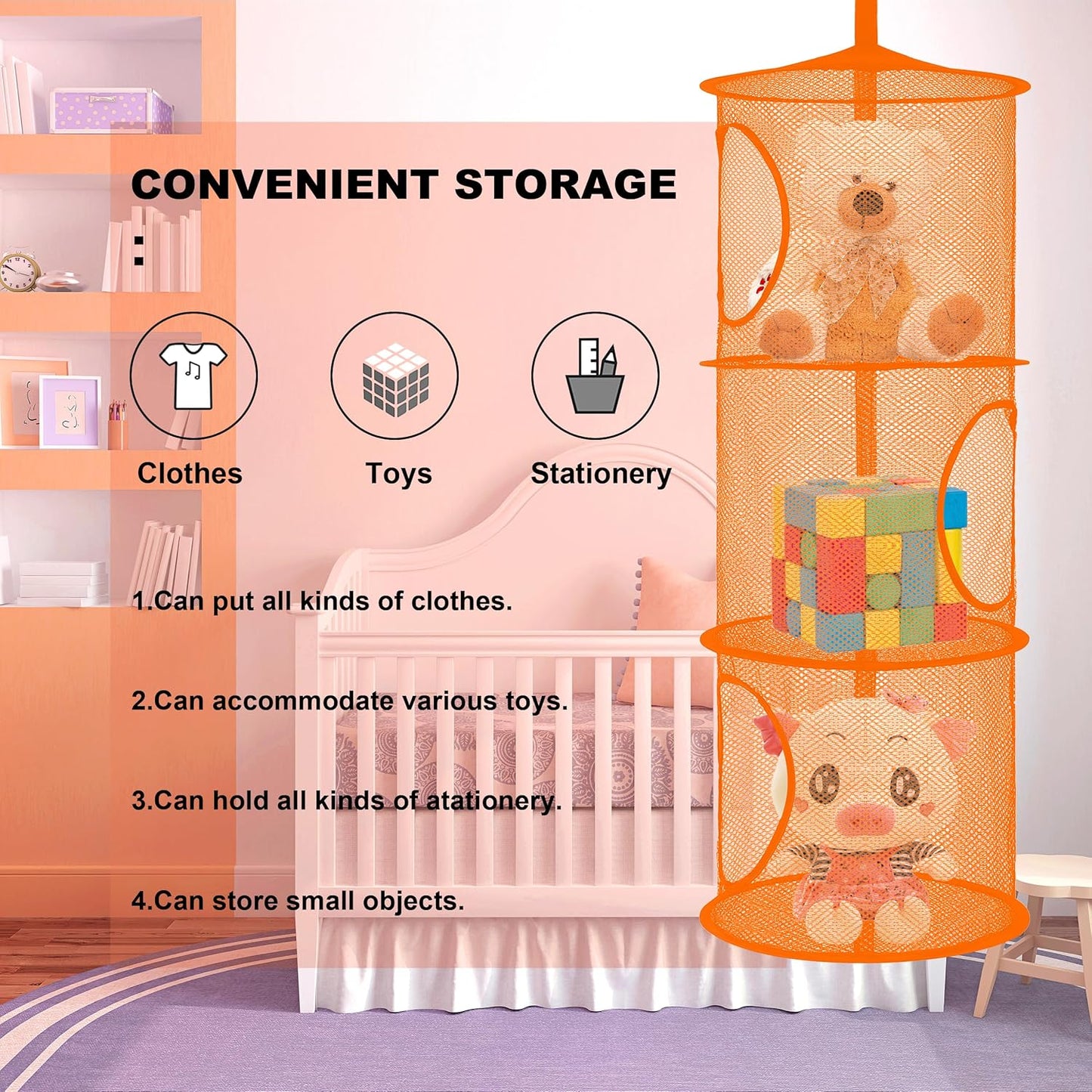 Libeder Mesh Hanging Storage Space Saver Bags Organizer,Foldable Storage Organizer 3 Compartments Toy Storage Basket for Kids Room Bathroom 2 Sets Orange