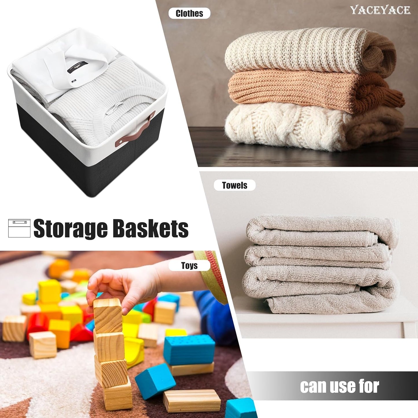 Storage Baskets, 4 Pack Linen Fabric Storage Bins for Shelves, Foldable Baskets with Handles for Home Organization, 15"x11"x9.5"