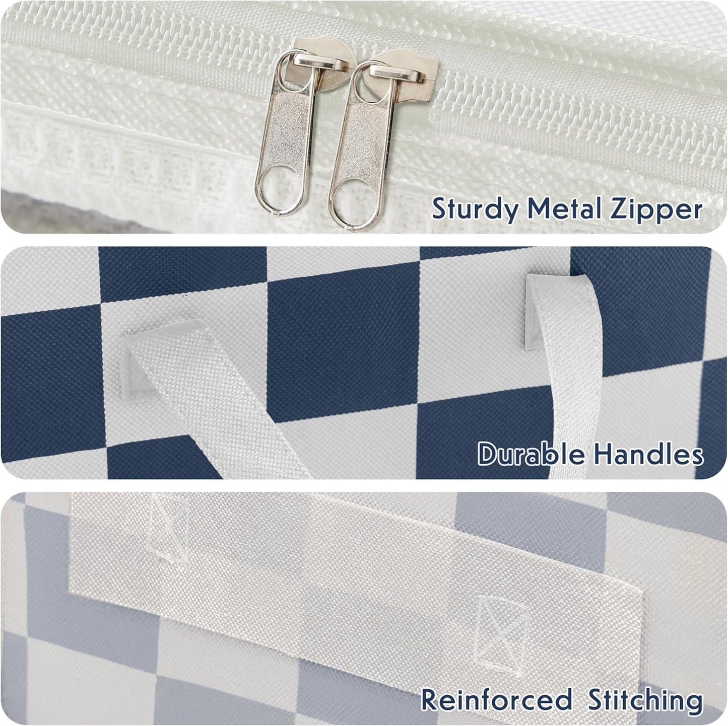 Navy Blue Checkered Clothes Storage Bins, 100L Large Blanket Storage Bags 3 Pack, Closet Organizers and Storage Containers for Comforters, Bedding, Foldable Organizer with Handle