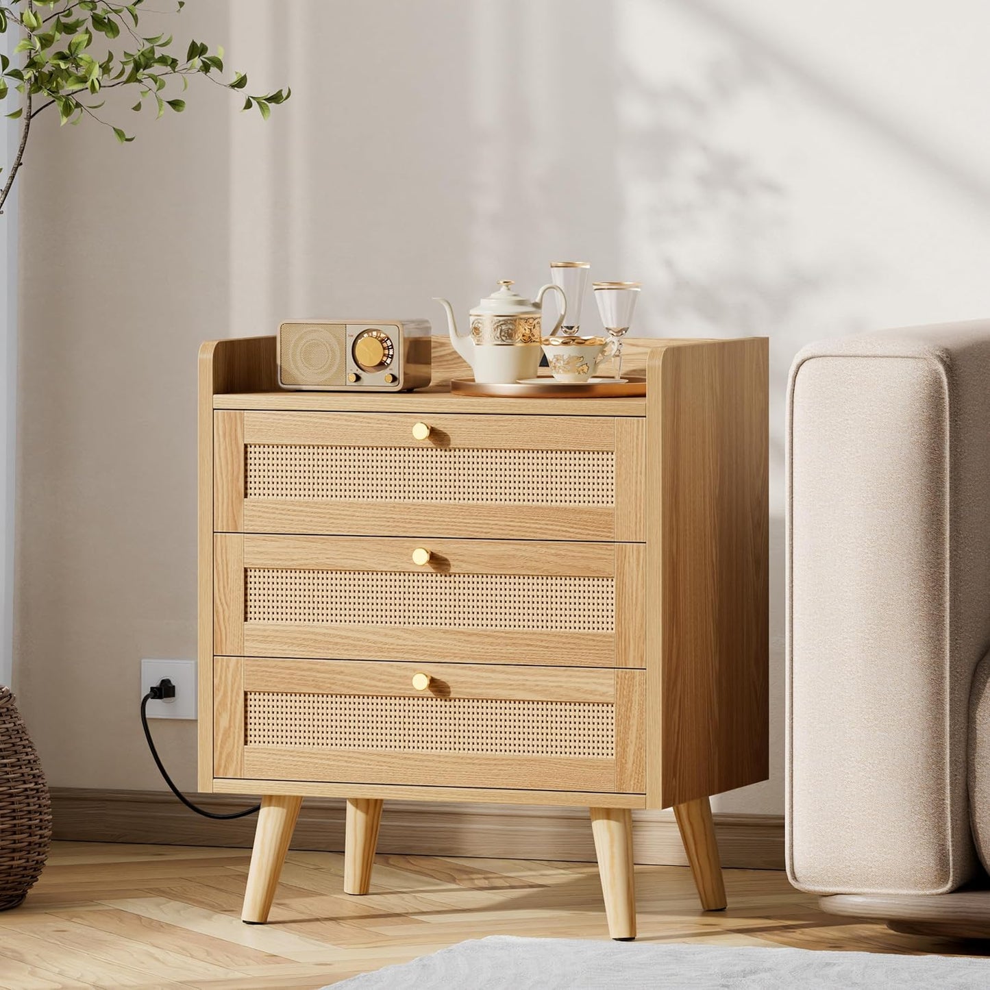 Rattan Night Stand with Charging Station, End Tables with 3 Drawer Dresser, Boho Bedside Table, Mid Century Modern Nightstand, RuralCabinet for Farmhouse Bedroom Living Room Sofa Couch Office Corner