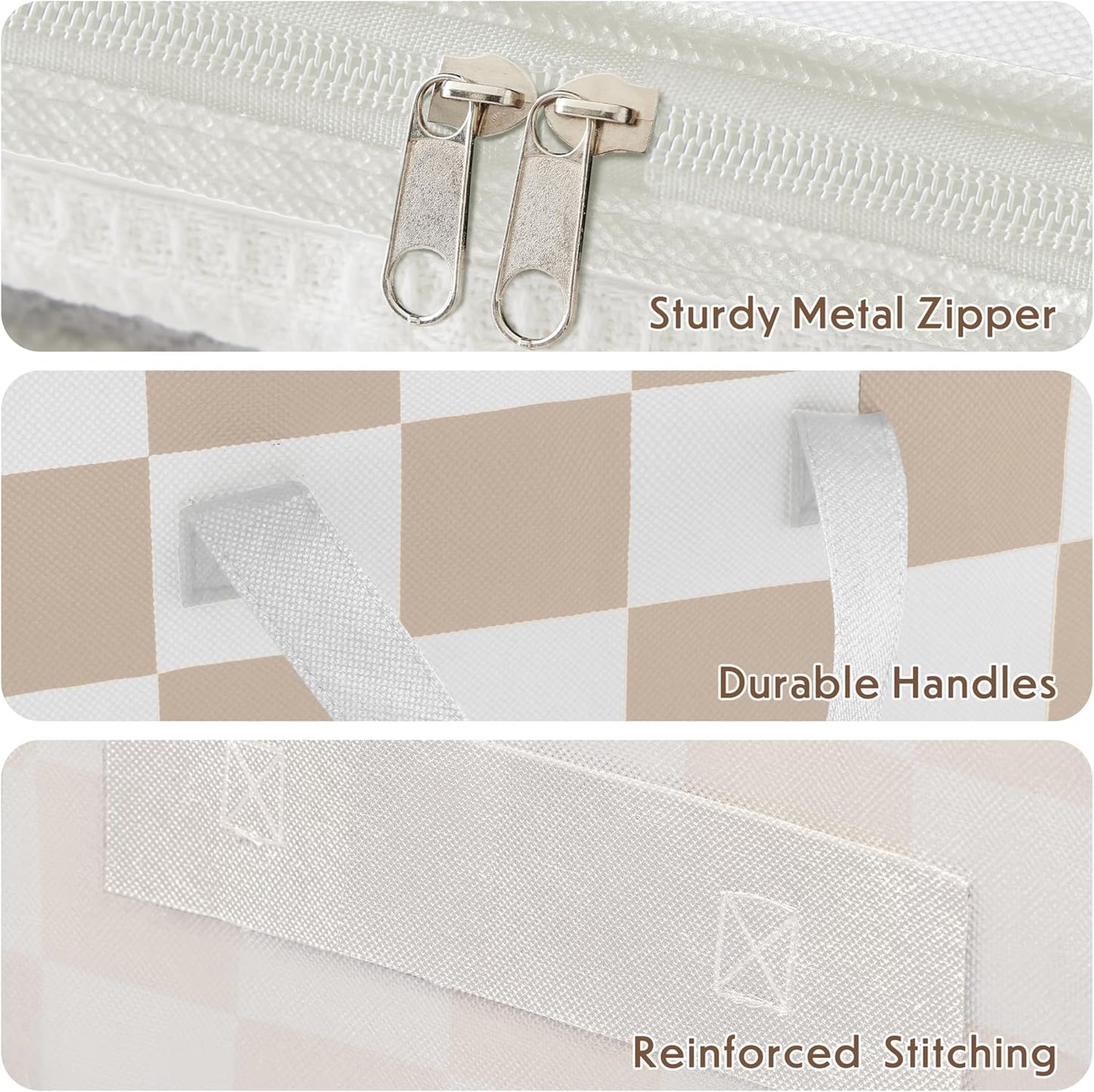 Beige Checkered Clothes Storage Bins, 100L Large Blanket Storage Bags 3 Pack, Closet Organizers and Storage Containers for Comforters, Bedding, Foldable Organizer with Handle