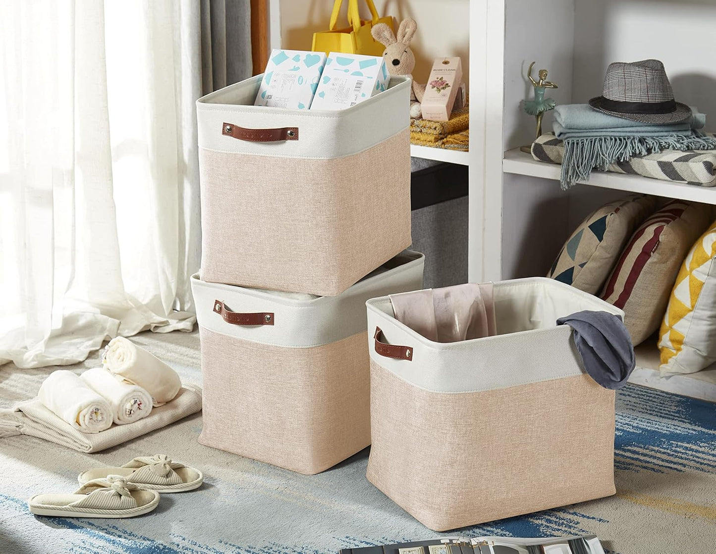 DECOMOMO Extra Large Storage Baskets, 54.5L Fabric Storage Bins for Organizing Linen Closet, Nursery (Khaki & White, XXXL - 3 pack)
