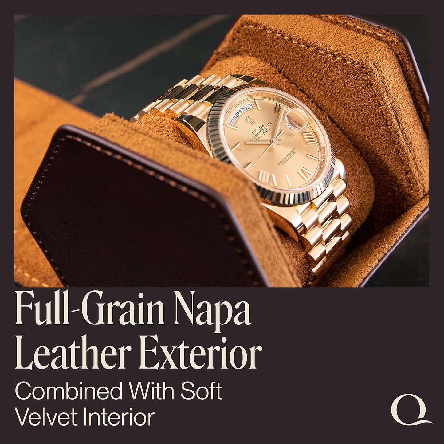 QWATCHBANDS Leather Watch Cases for Men - Hexagon Single & Double Watch Roll Travel Case - Genuine Napa Leather with Velvet Interior - Storage & Display Holder for 1 Watch or 2 Watches