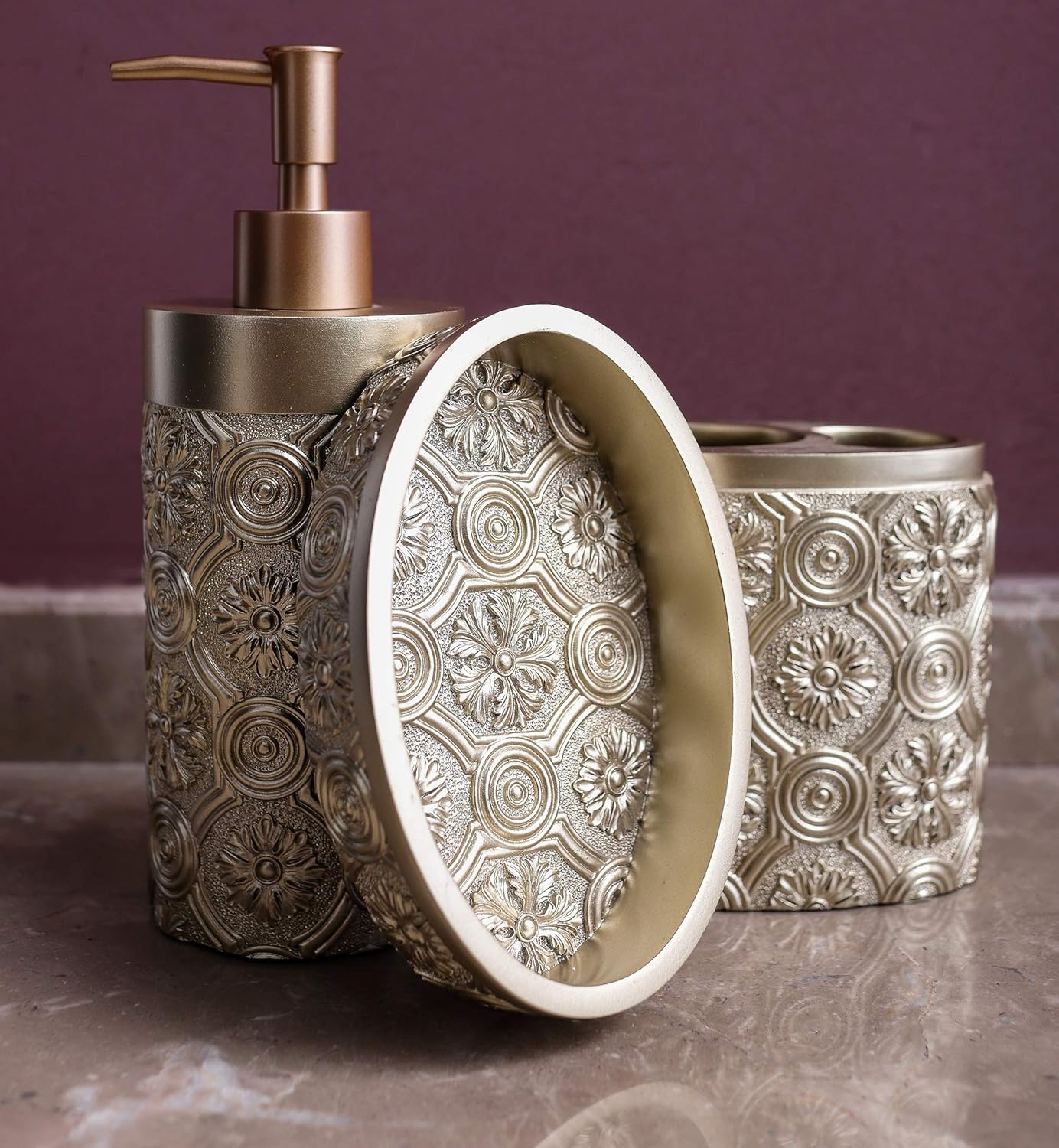 Hymmah Bathroom Accessories Set,Golden Design Toothbrush Holder,Farmhouse Bathroom Decor,4 Pcs Resin Gift Set Apartment Necessities, Contain Toothbrush Cup,Soap Dispenser,Soap Dish,Tumbler
