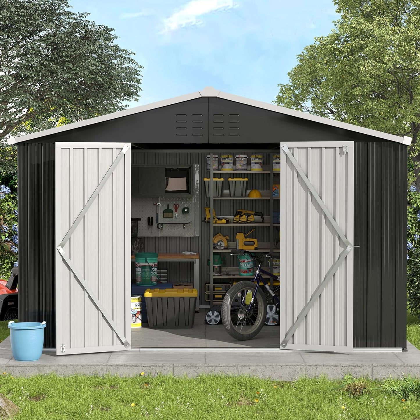 UDPATIO Outdoor Storage Shed 10x12 FT, Outdoor Storage Metal Galvanized Steel Yard, Patio, Lawn, Tool Shed with Lockable Door for Can, Bike, Lawnmower, Generator,Dark Grey