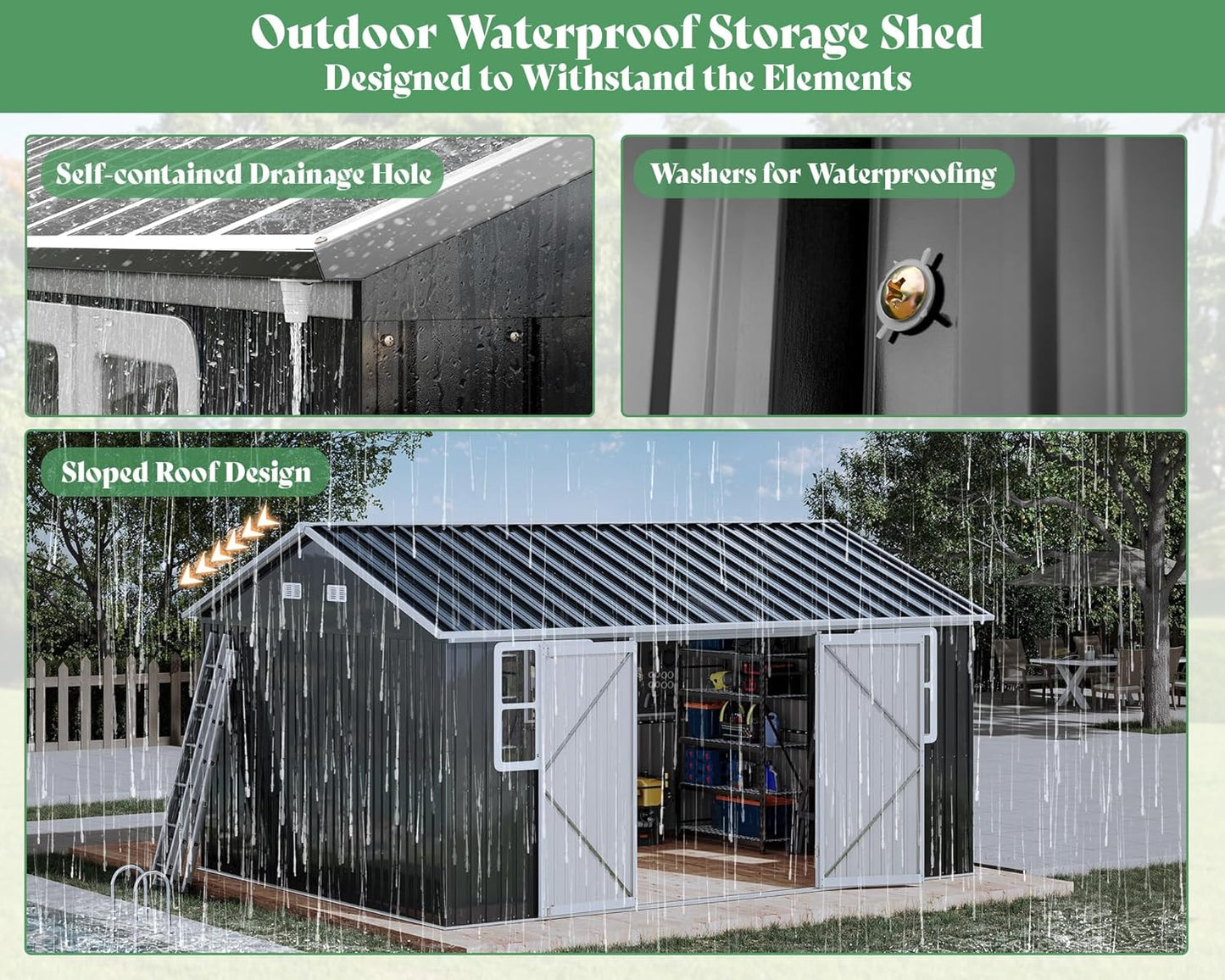 VanAcc 12x14x8.5 FT Galvanized Steel Outdoor Storage Shed with 2 4-Pane Windows Lockable Door, Nordic Cottage Shed for Backyard, Garden, Patio, Dark Grey/White