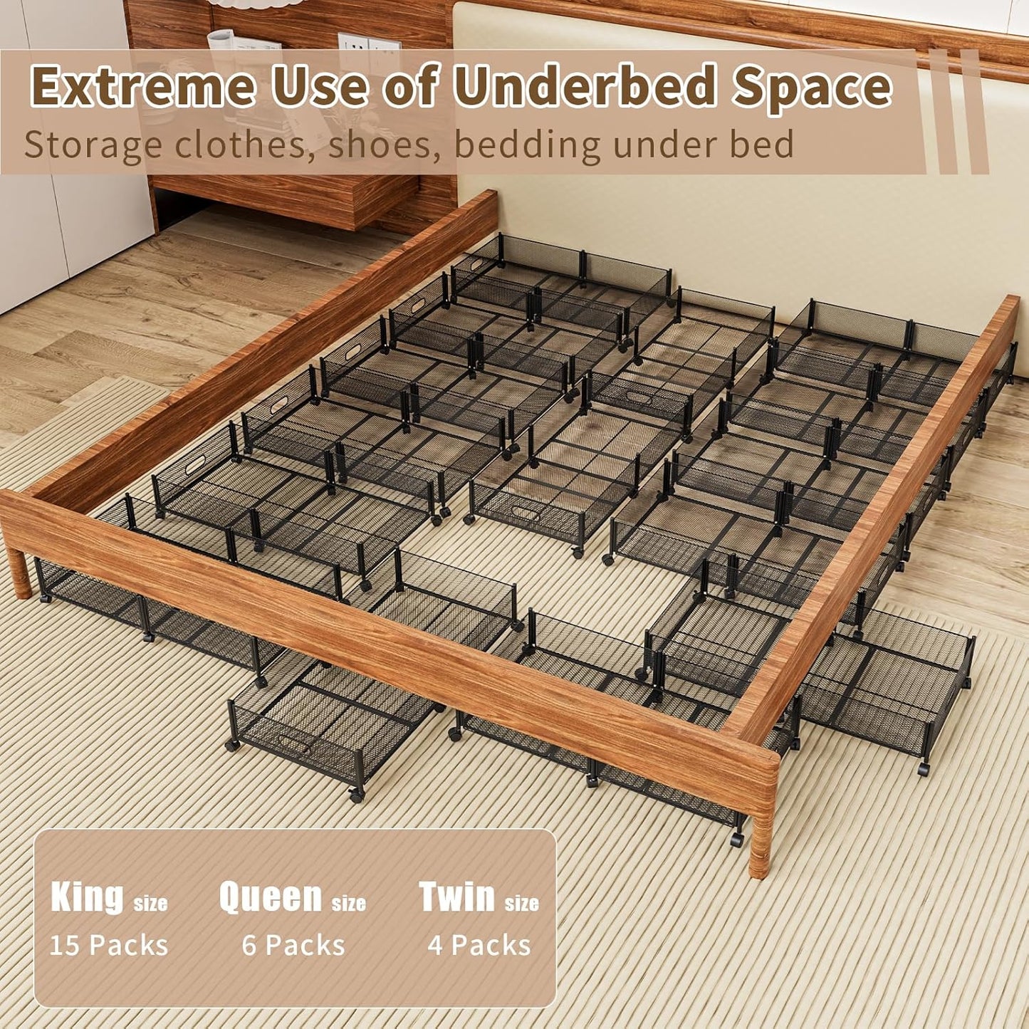 Under Bed Storage on Wheels, Upgraded 31.5 inch Large Rolling Under Bed Storage, Metal Foldable Underbed Drawers Organizer Tool-free Assembly Underbed Shoes Clothes Organize