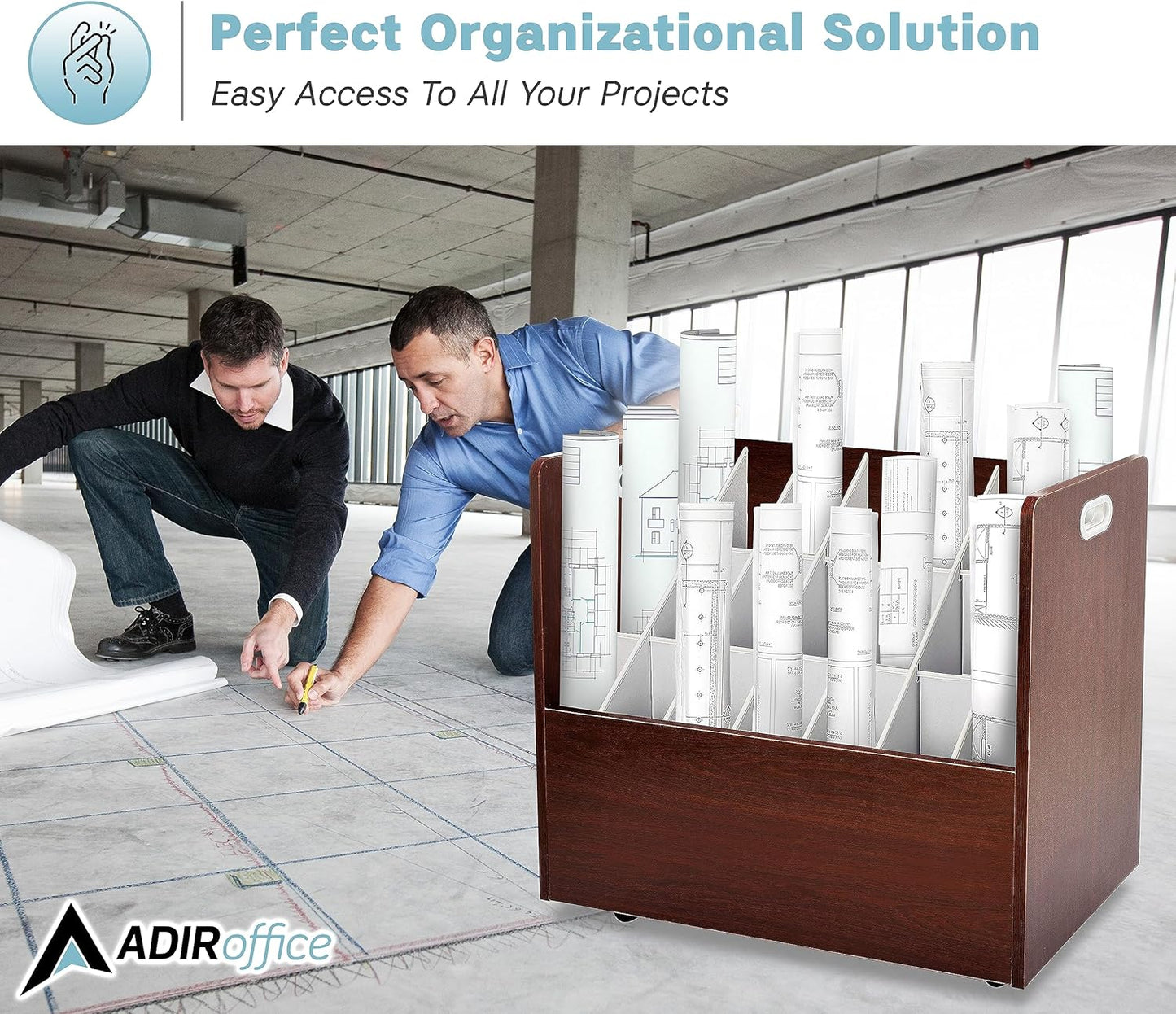AdirOffice Adir Blue Print Storage Organizer - Mobile Roll File Cart, Construction Plan Holders, Blueprint Cabinet with Wheels, Roll Files Storage for Office and Home (21 Slots, Mahogany)