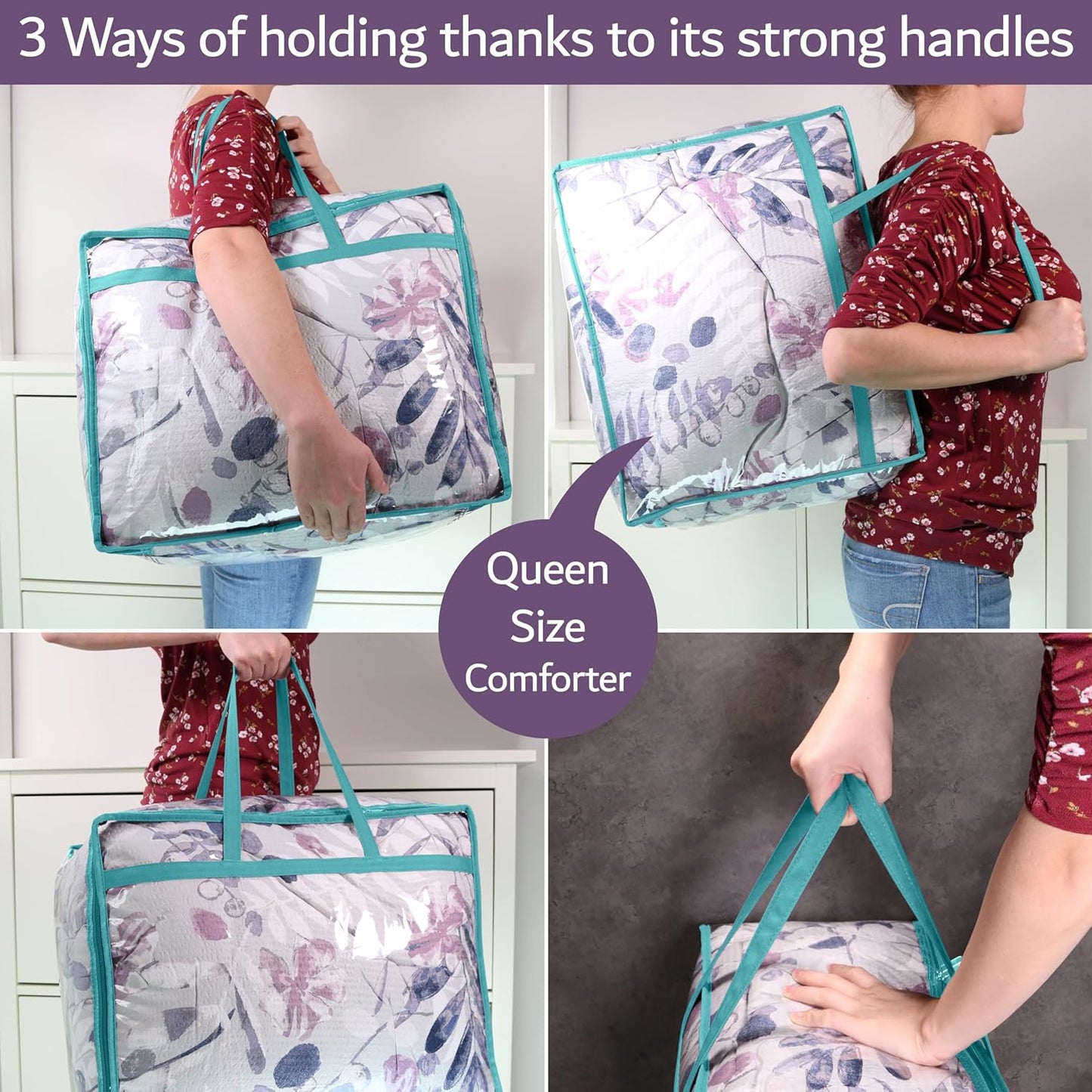 Clear Vinyl Zippered Storage Bags (3-Pack) 40L Sturdy Storage Bags for Sweaters, Blankets, Comforters, Bedding Sets and Much More! (Turquoise, 18x15x9)