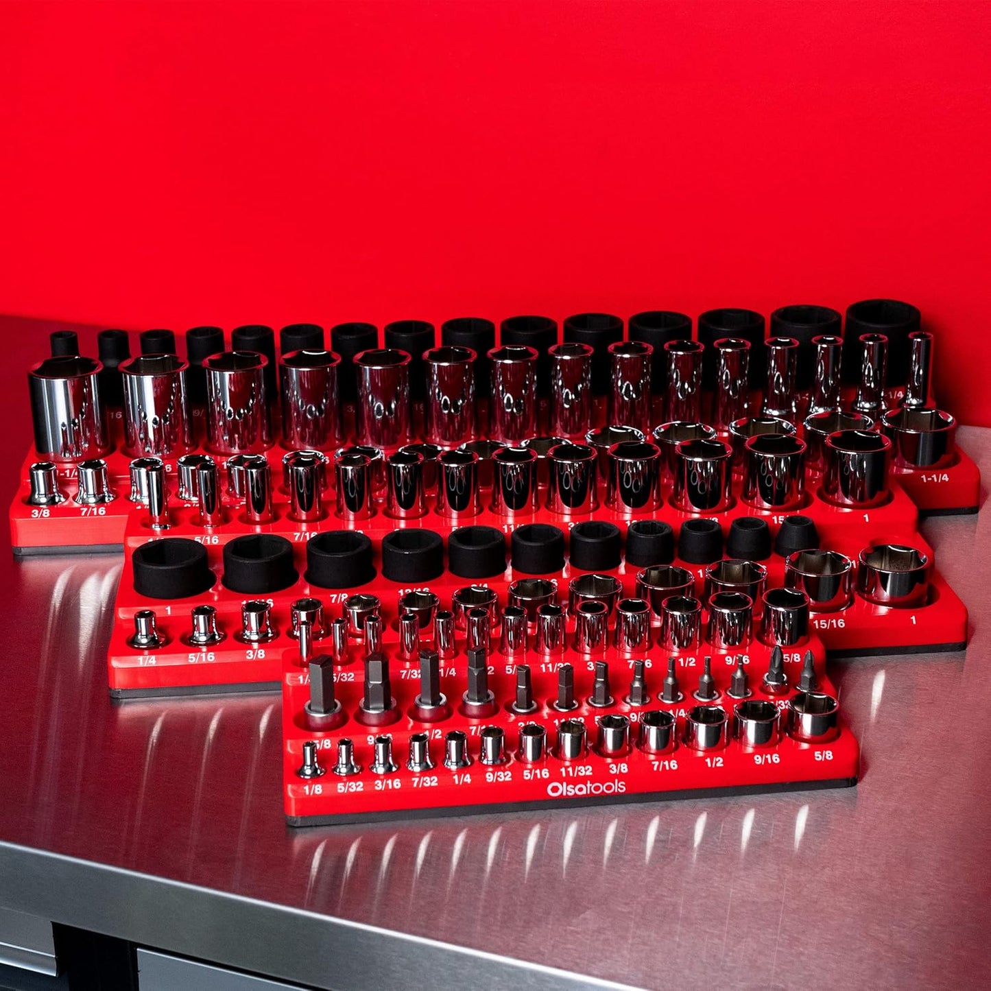 Olsa Tools Magnetic Socket Organizer | 6pc Socket Holder Kit | 1/2-Inch, 3/8-Inch, & 1/4-Inch Drive | Socket Organizers For Toolboxes | Red | Holds 273 | Professional-Grade Tool Organizer | Part 1667