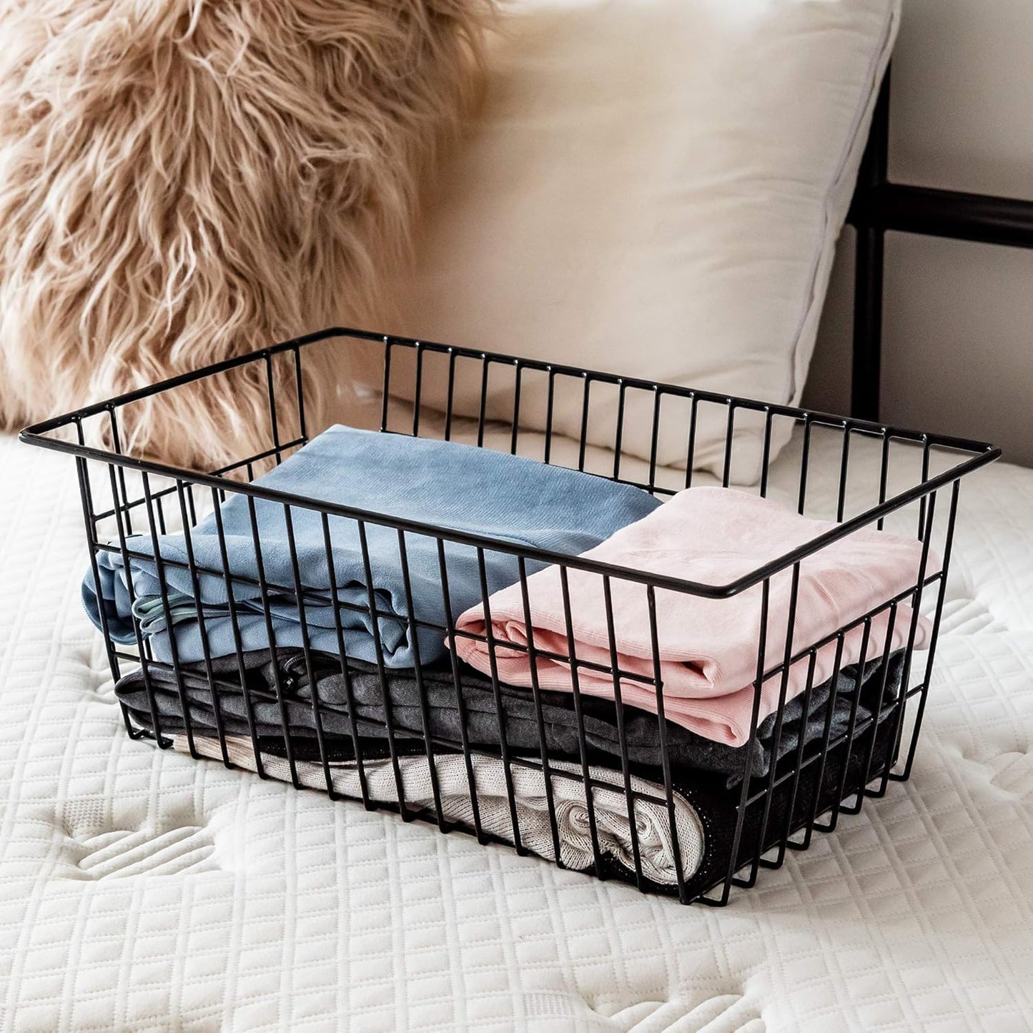 Wire Storage Basket Organizer Bins Farmhouse Metal Basket Pantry Large Organizing Storage Bin Baskets for Kitchen Cabinets, Pantry, Freezer, Bathroom,Closets-Set of 3-Black