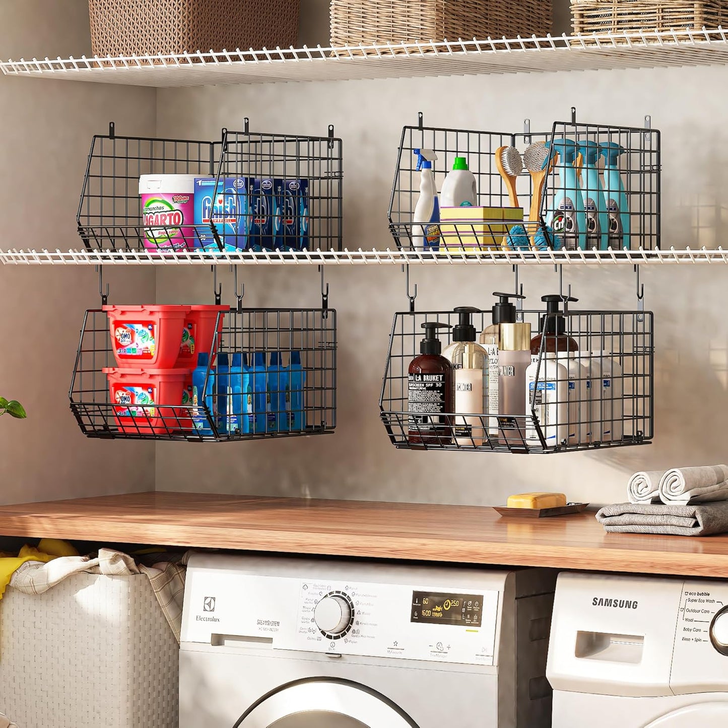 4" Extra Deeper Hanging Closet Organizers and Storage,4 Tier Foldable Wire Cabinet Shelves with 5 S Hooks,Small Metal Basket Bins for Clothes Sweaters Handbags, Wardrobe for Kitchen Laundry Room,Black