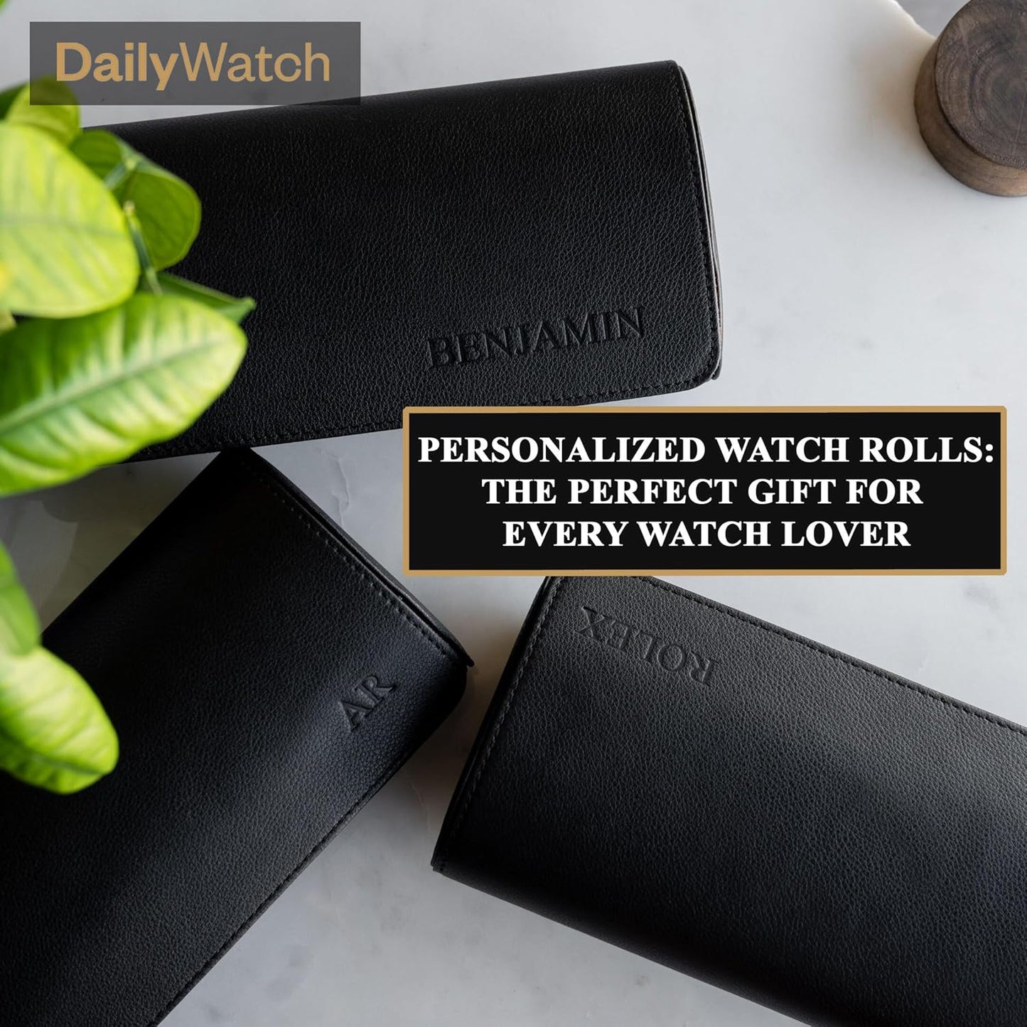 DailyWatch | Personalized Watch Roll Travel Case For 4 Watches - Handmade Genuine Leather Travel Case With Custom Engraving of Name or Initials - Black Green