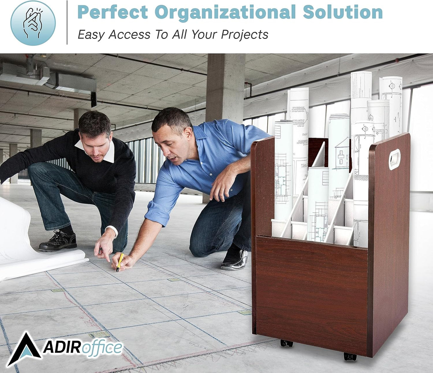 AdirOffice Adir Blue Print Storage Organizer - Mobile Roll File Cart, Construction Plan Holders, Blueprint Cabinet with Wheels, Roll Files Storage for Office and Home (20 Slots, Mahogany)