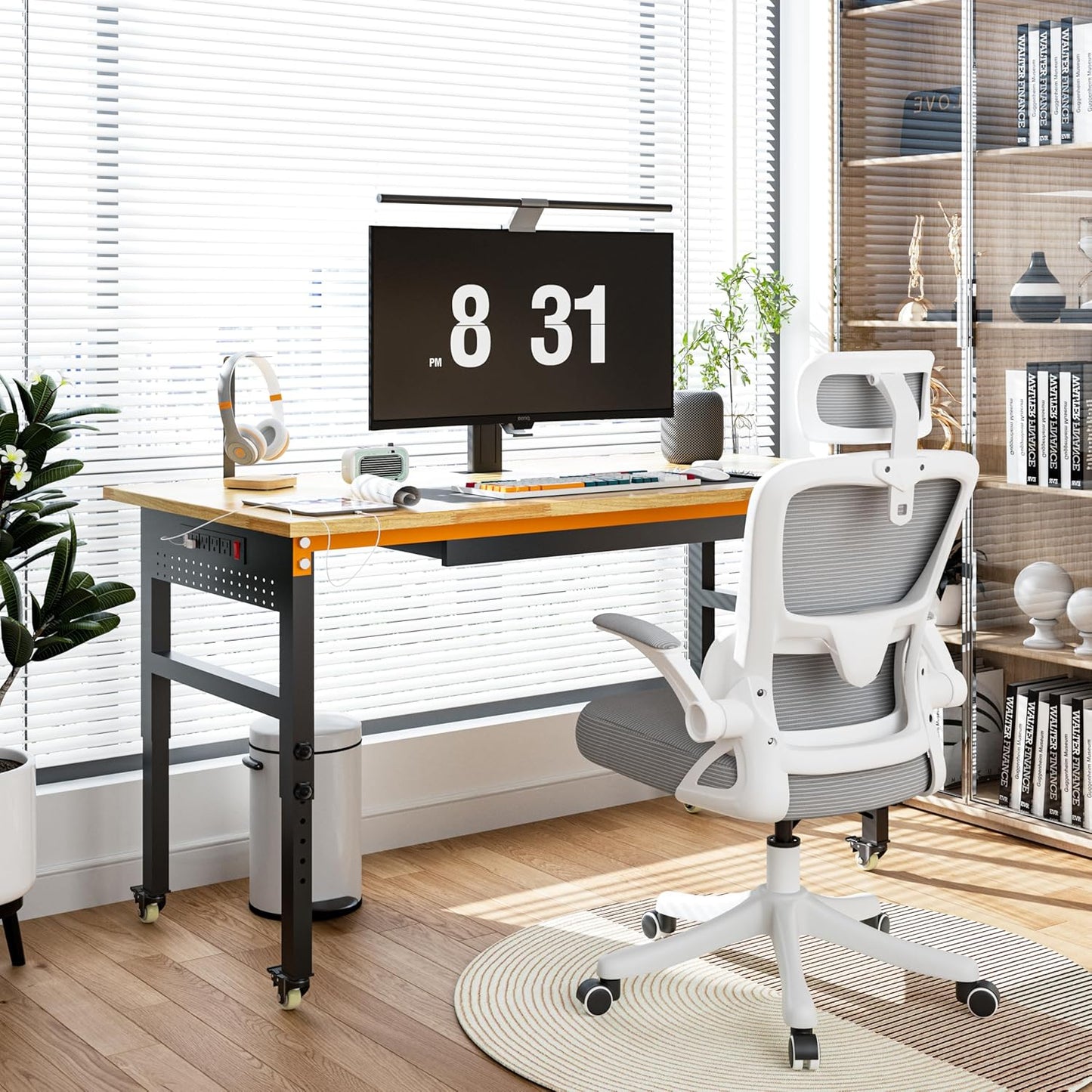Betterhood 60" Adjustable Workbench on Wheels, 2000 LBS Heavy Duty Work Table with Power Outlets & Pegboard, Rubber Wood Workstation for Garage, Workshop, Office, Home, Commercial