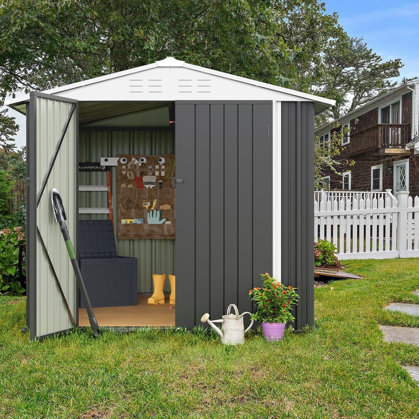 Flamaker 6x8 FT Storage Shed Waterproof Metal Garden Shed with Lockable Door Utility Tool Shed Outdoor Storage for Backyard, Patio and Lawn, Grey