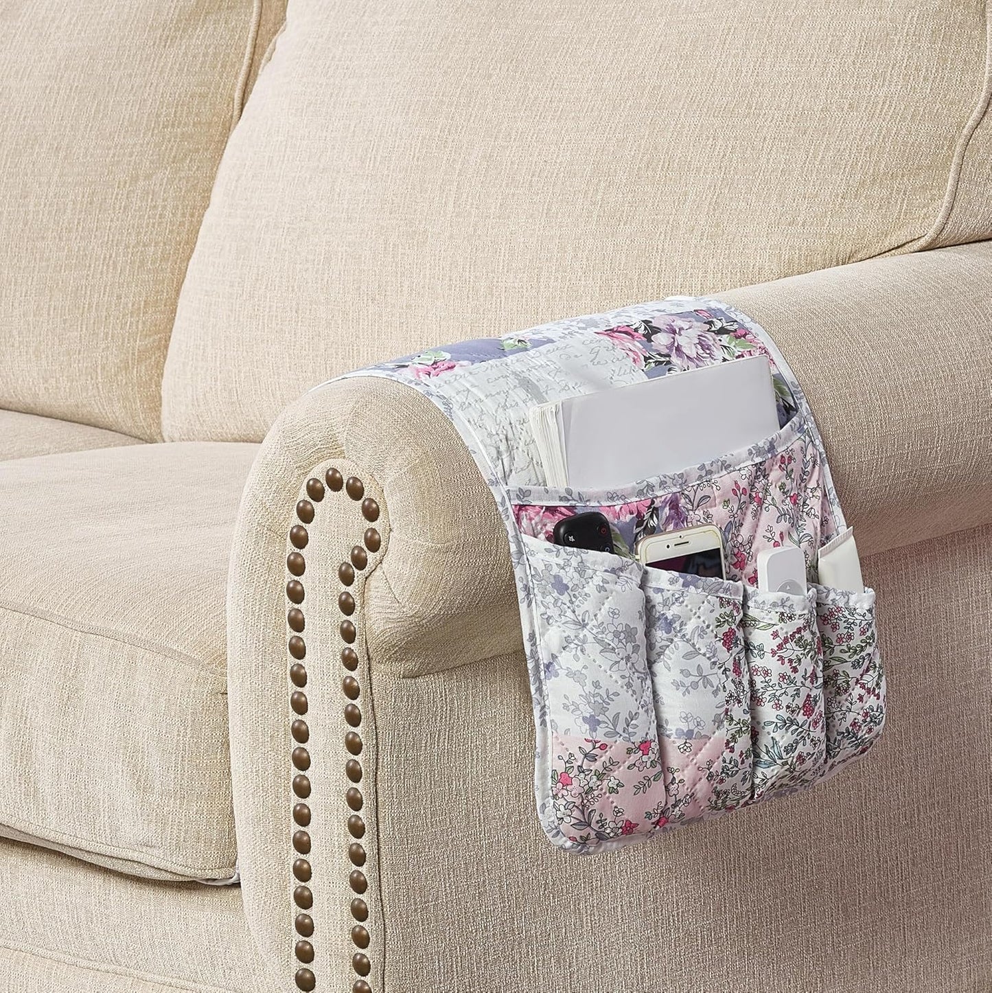 Brilliant Sunshine Rose Toile Couch Sofa Armrest 5 Pockets Organizer, Slip Resistant Recliner Armchair Caddy, Washable Remote Controls Holder, Storage for Magazine, Tablet, iPad, 35×13", Blue Pink