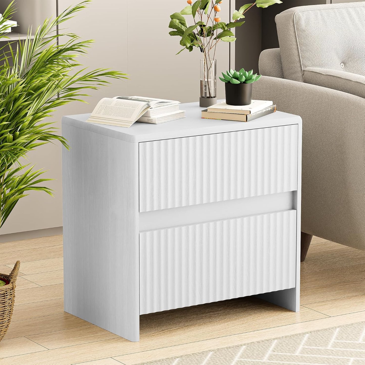 Fluted Nightstand, 23" Wood Bedside Table with 2 Storage Drawers, Modern Night Stand for Bedroom, Office, White