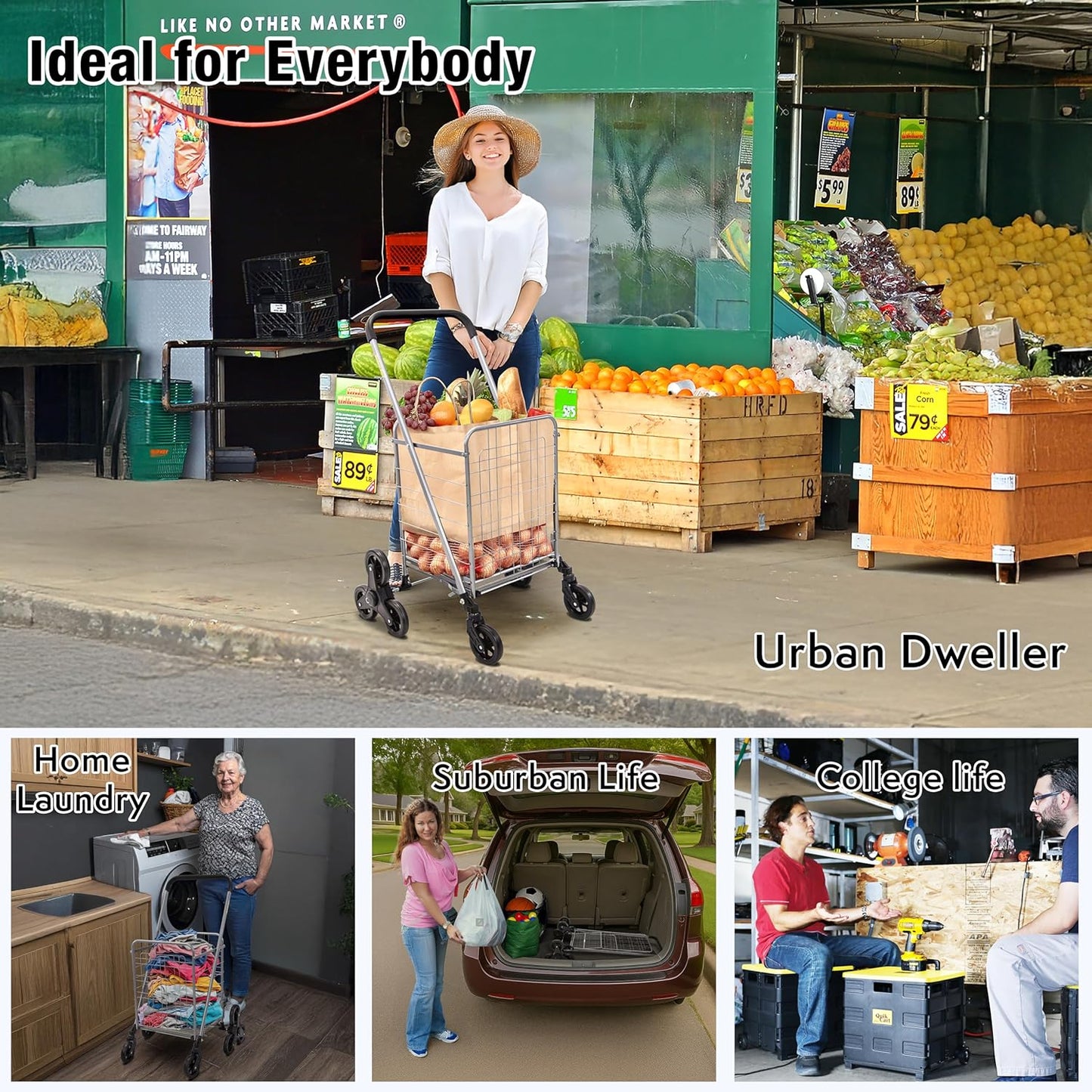 dbest products Stair Climber Cruiser Cart Shopping Grocery Rolling Folding Laundry Basket on Wheels Foldable Utility Trolley Compact Lightweight Collapsible, Silver