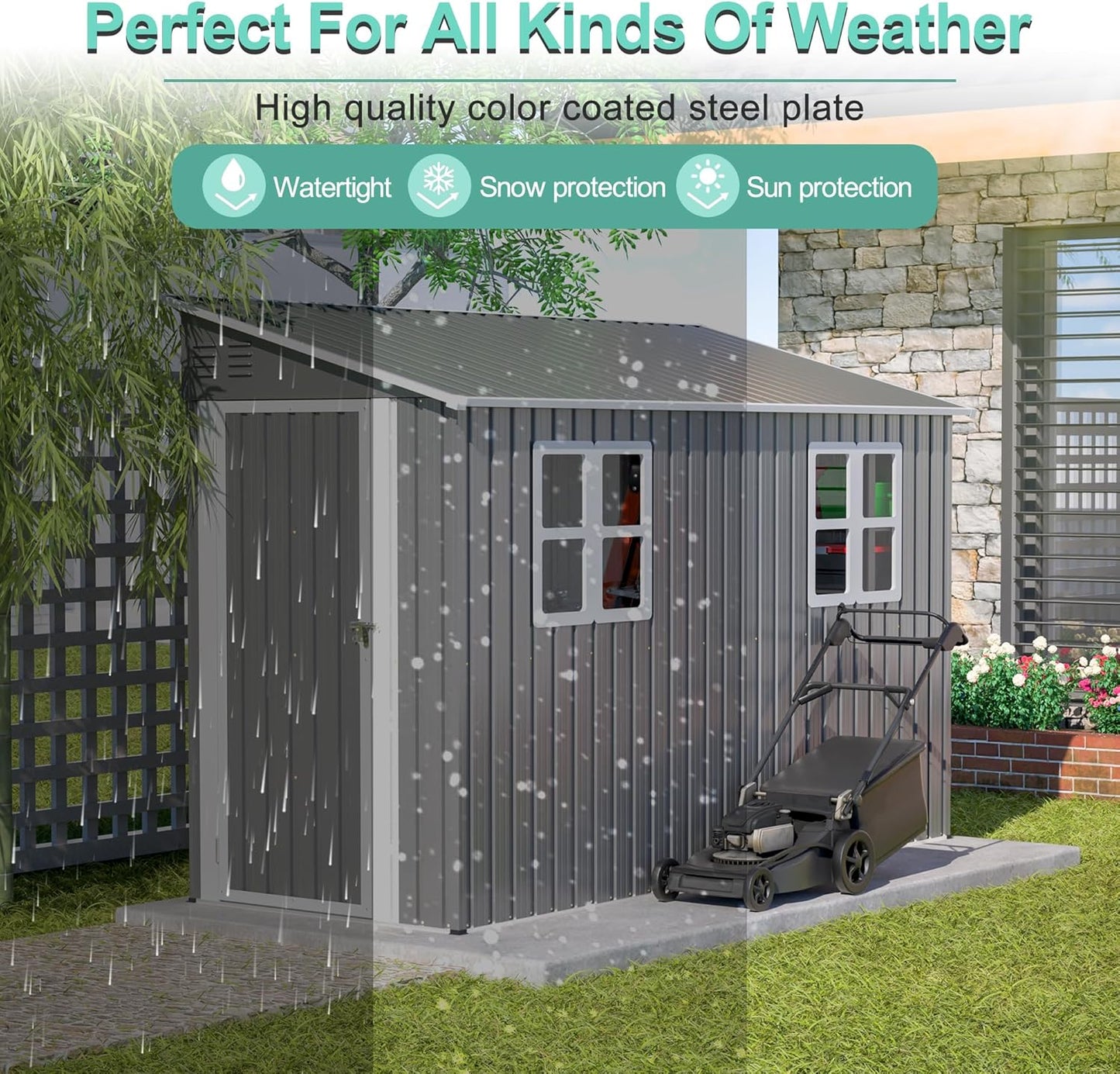 4x10 FT Outdoor Storage Shed, Metal Shed, Lockable Door, Sloping Roof, All-Weather Lean to Resin Shed for Garden, Backyard, Patio, Lawn (Gray)