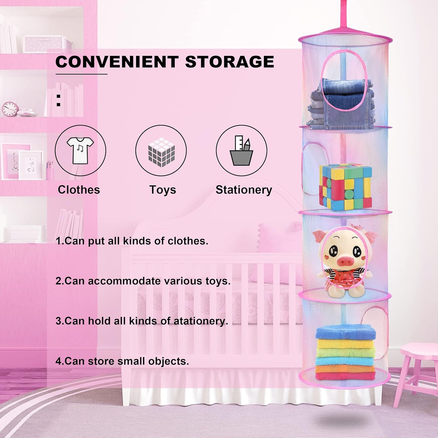 Libeder 2Pcs Mesh Hanging Storage Organizer, 4 Compartments, Foldable, Portable, Casual Style, Hanging Organizer for Kids Room, Pink (Rainbow Tie Dye)