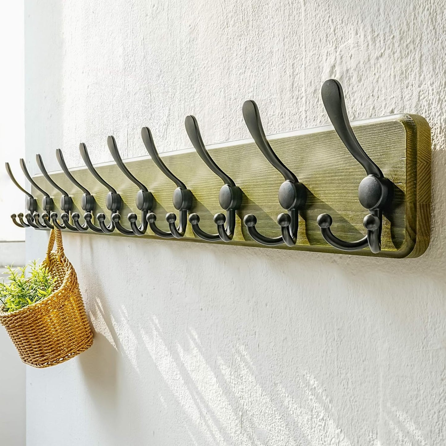 Dseap Coat Rack Wall - Heavy-Duty 38-1/4" Long, with Reinforced 10 Custom Tri-Hooks, Solid Wood Wall Hanger for Coats Hat Jackets - Rustic Farmhouse Entryway Storage,Weathered Green & Black,Pack of 2