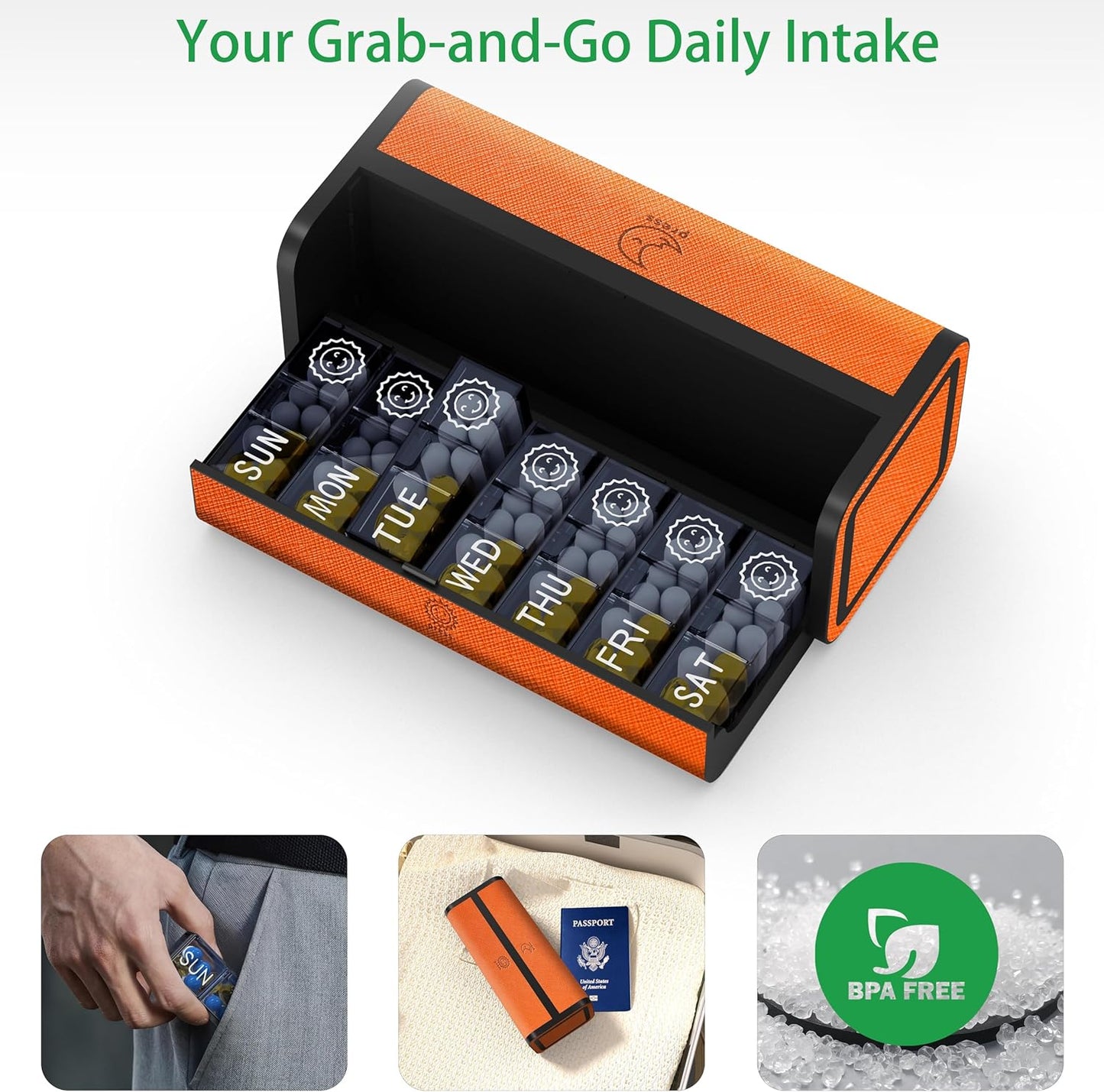 Large 7-Day Pill Organizer | PU Leather Travel Case with Discreet & Aesthetic Design | Detachable, Compact Pill Box for Vitamins & Medicine (Orange)