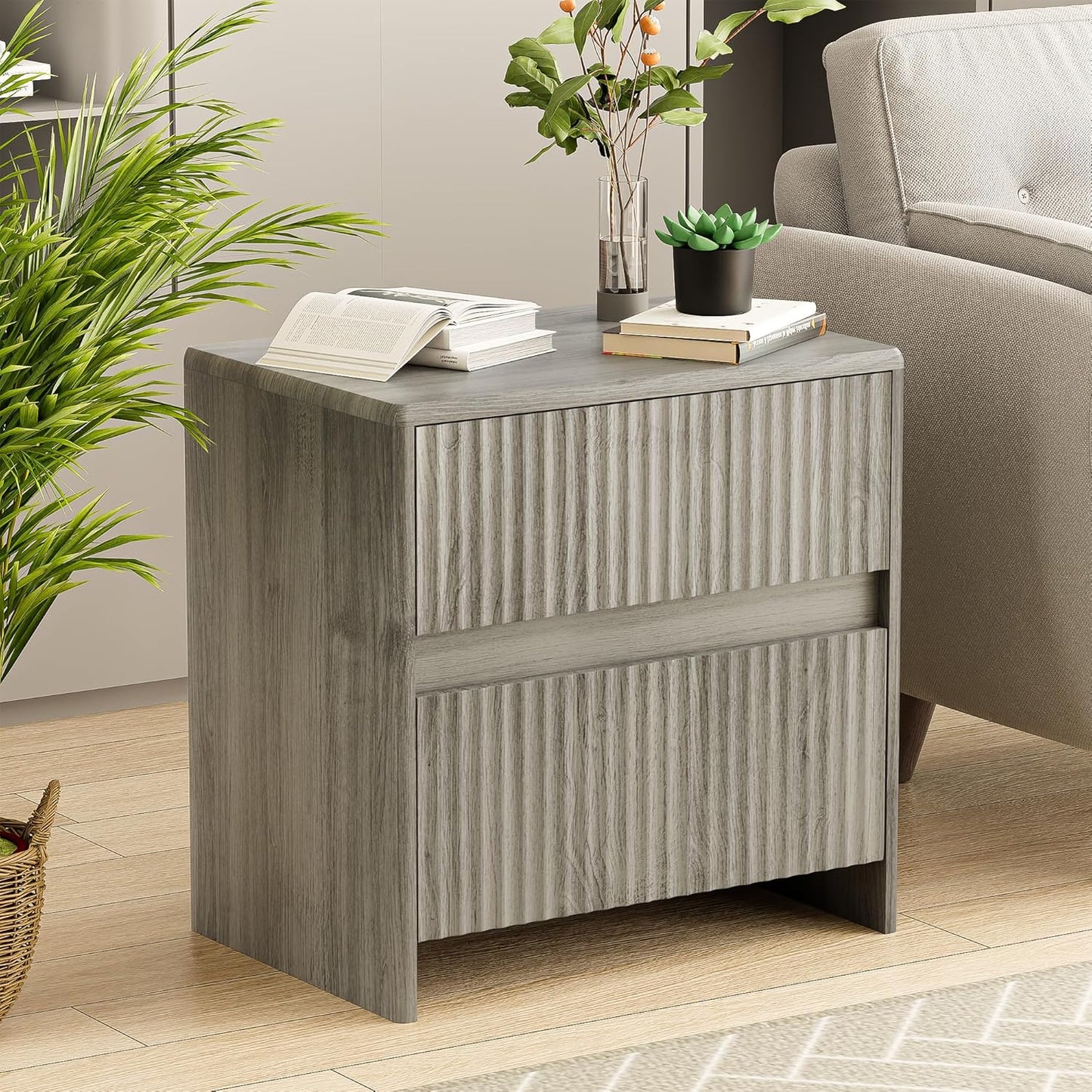 Fleuted Nightstand Set of 2, 23" Wood Bedside Table with 2 Storage Drawers, Modern Night Stand for Bedroom, Office, Grey